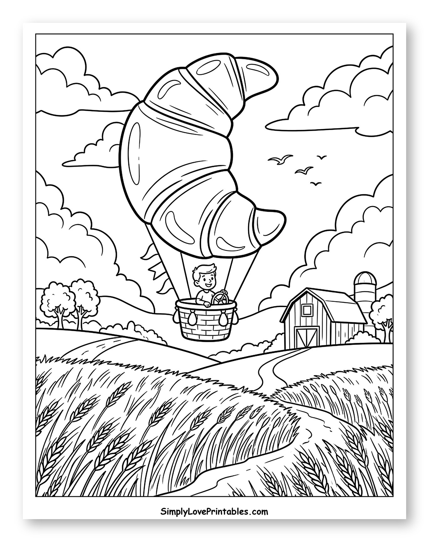 Boy in Croissant Hot Air Balloon Over Wheat Field Coloring Page for Kids