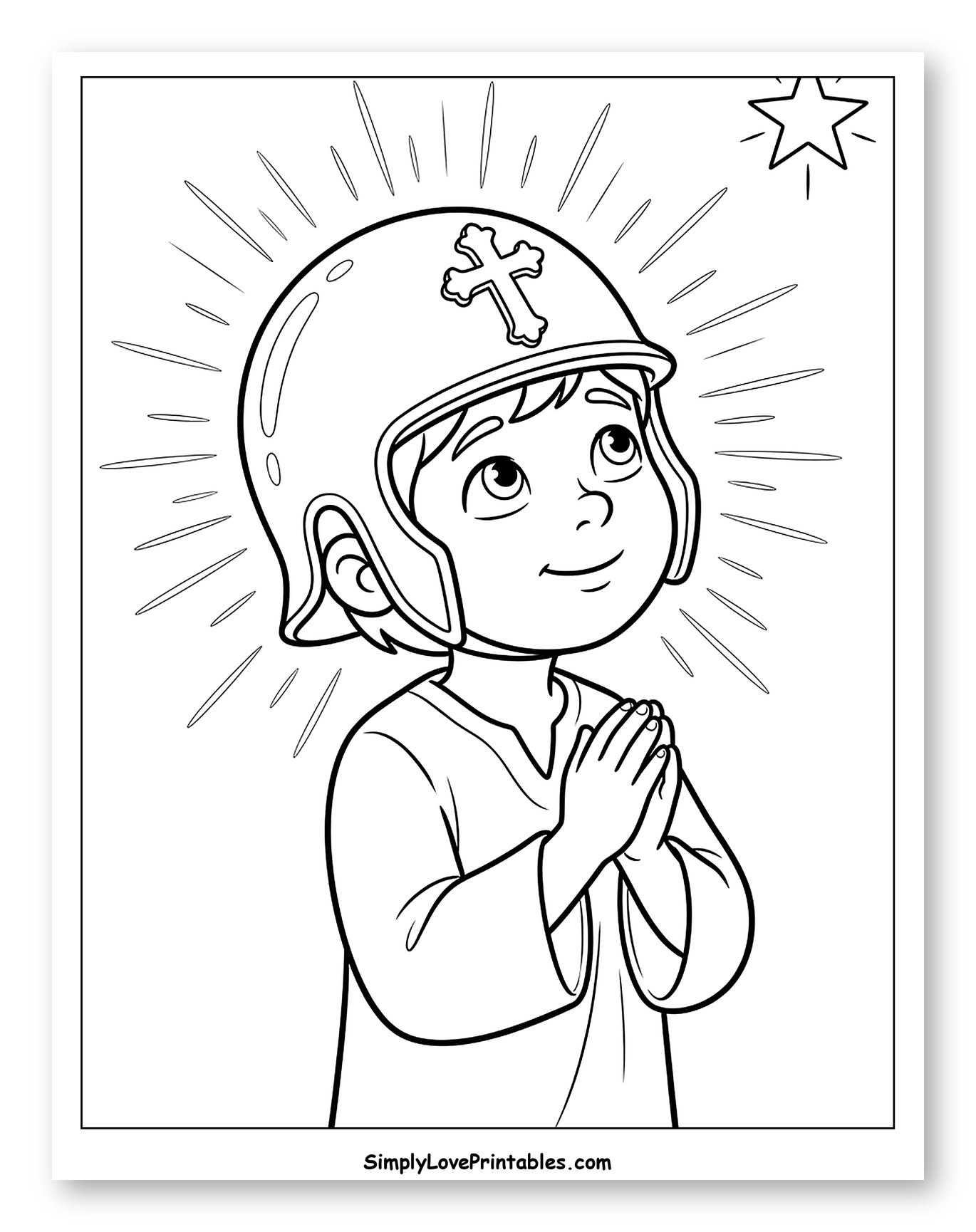 Boy in Helmet Praying Under Guiding Star Coloring Sheet for Kids
