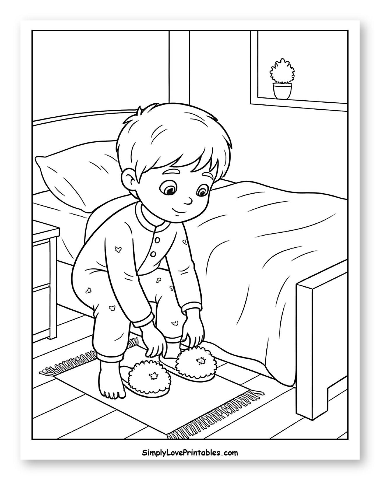 Boy in Pajamas Putting on Slippers