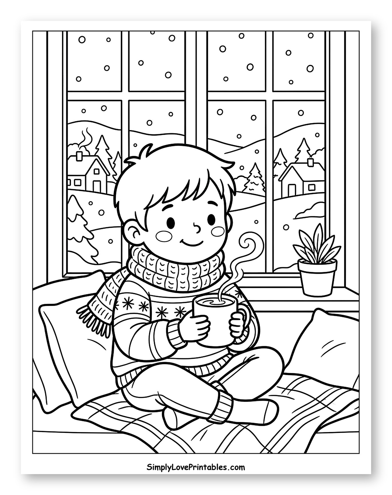 Boy in Scarf Enjoying Hot Drink Winter Scene