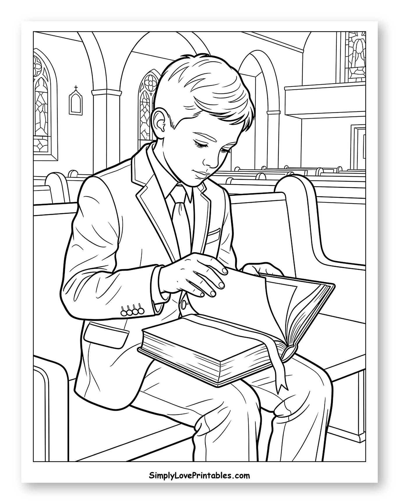 Boy in Suit Reading Book in Church