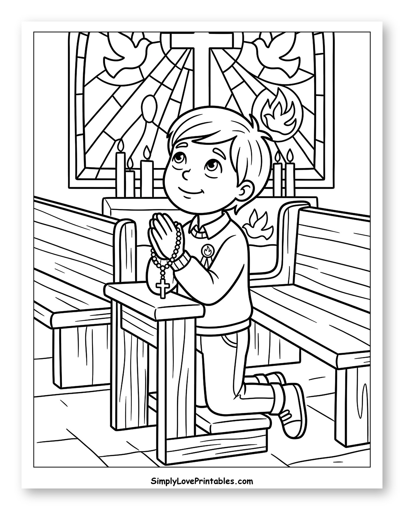 Boy Kneeling and Praying with Rosary Coloring Sheet for Kids