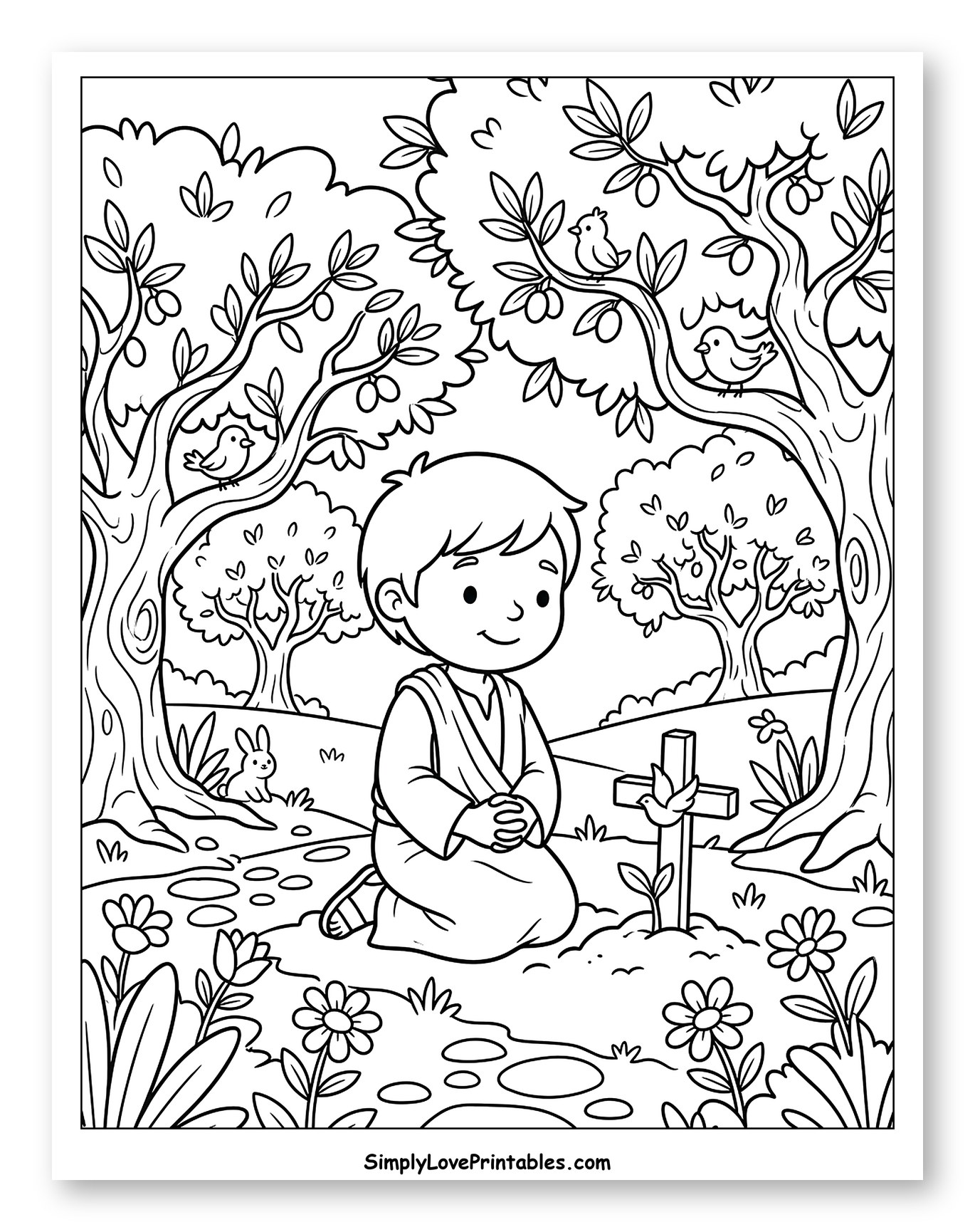 Boy Kneeling in Prayer in Garden with Cross
