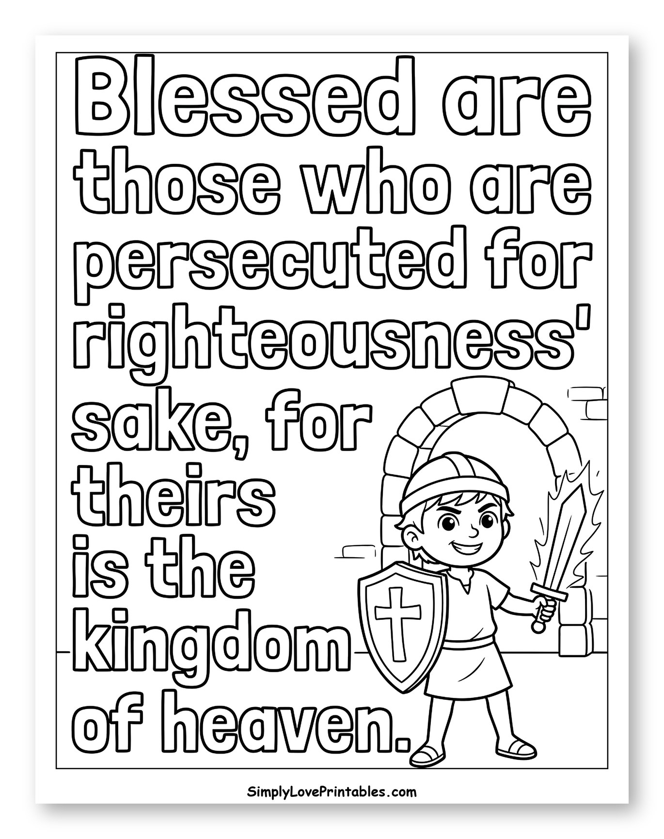Boy Knight with Cross Shield and Flaming Sword Coloring Page for Kids