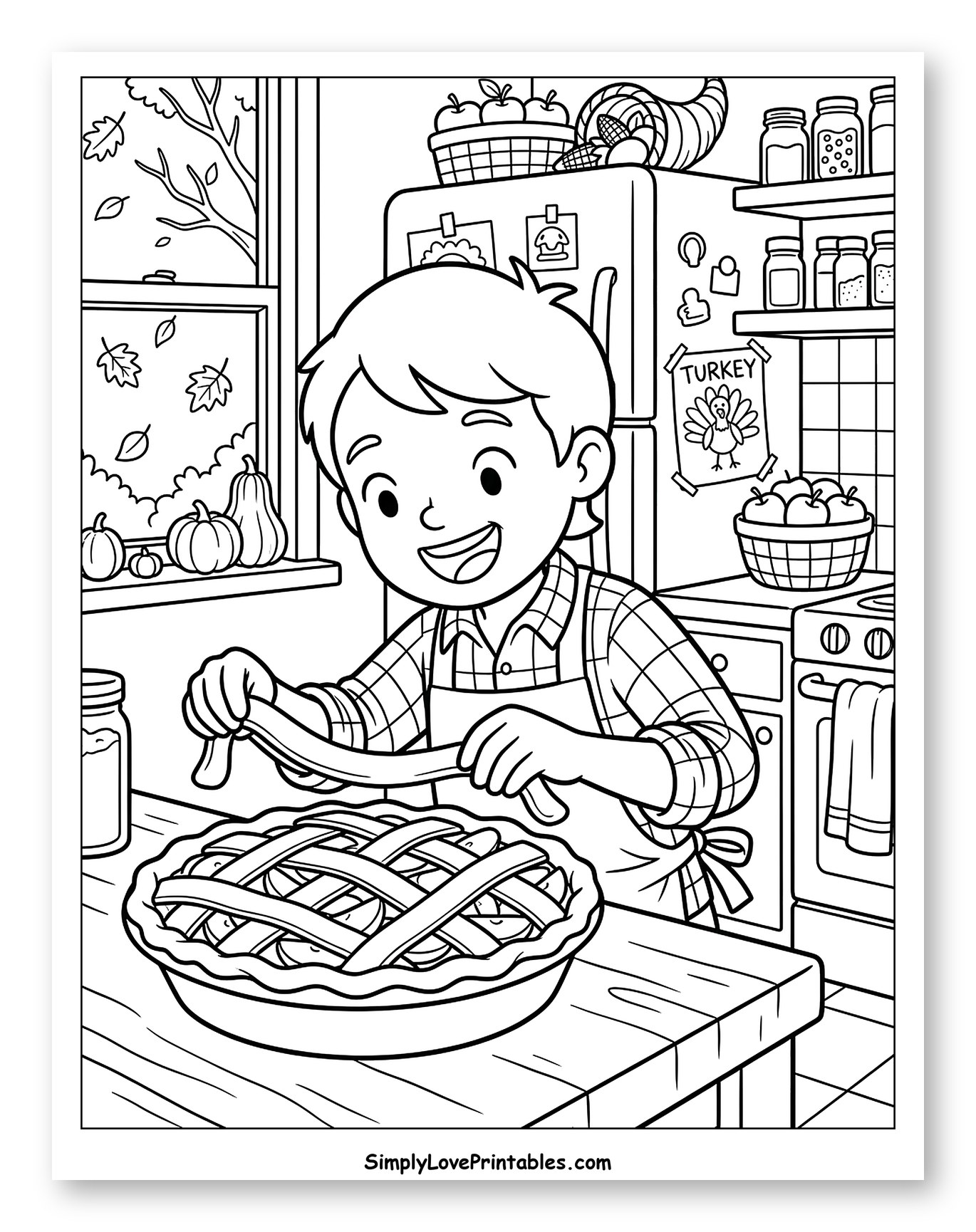Boy Making an Apple Pie in Kitchen to Color for Kids