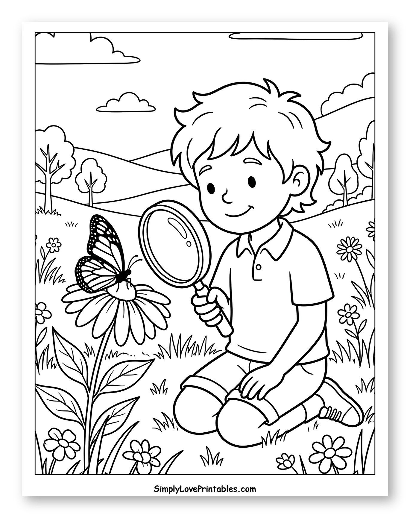 Boy Observing Butterfly with Magnifying Glass