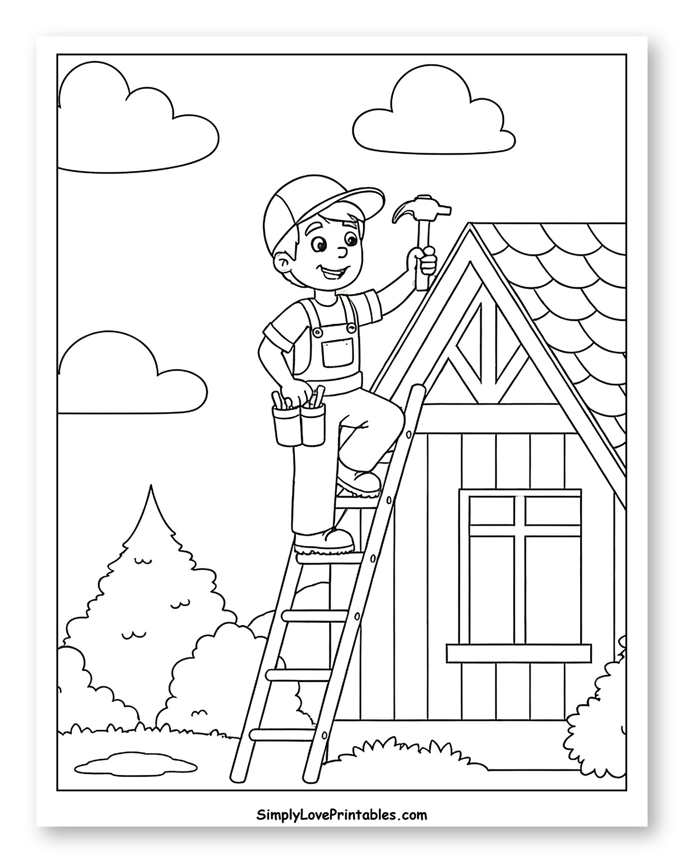 Boy on Ladder Repairing House Roof to Color for Kids