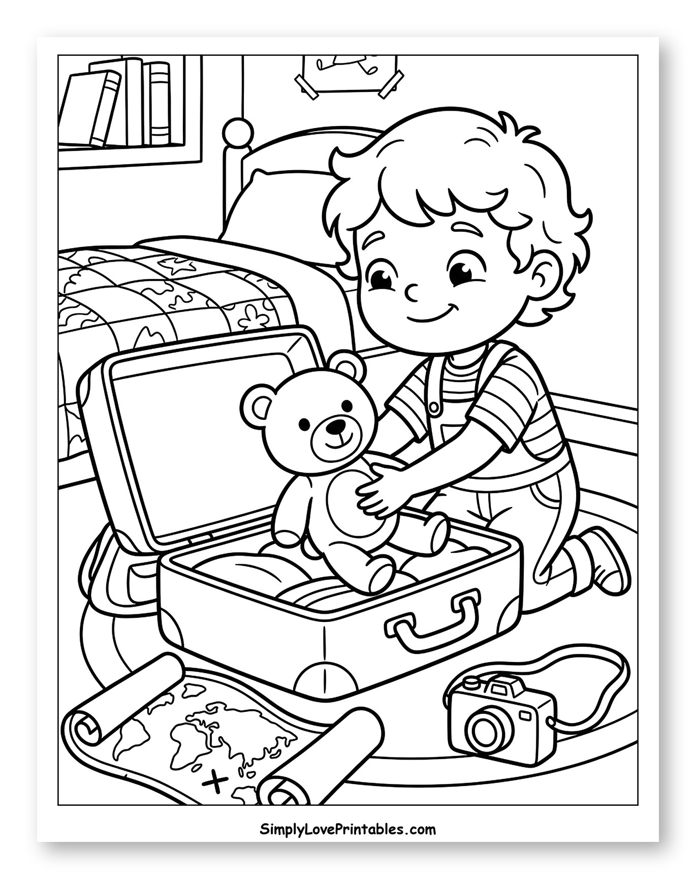 Boy Packing Suitcase with Teddy Bear Coloring Sheet for Kids