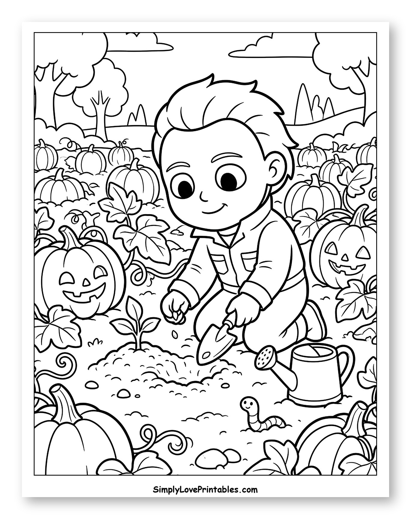 Boy Planting Seed in a Pumpkin Patch to Color for Kids