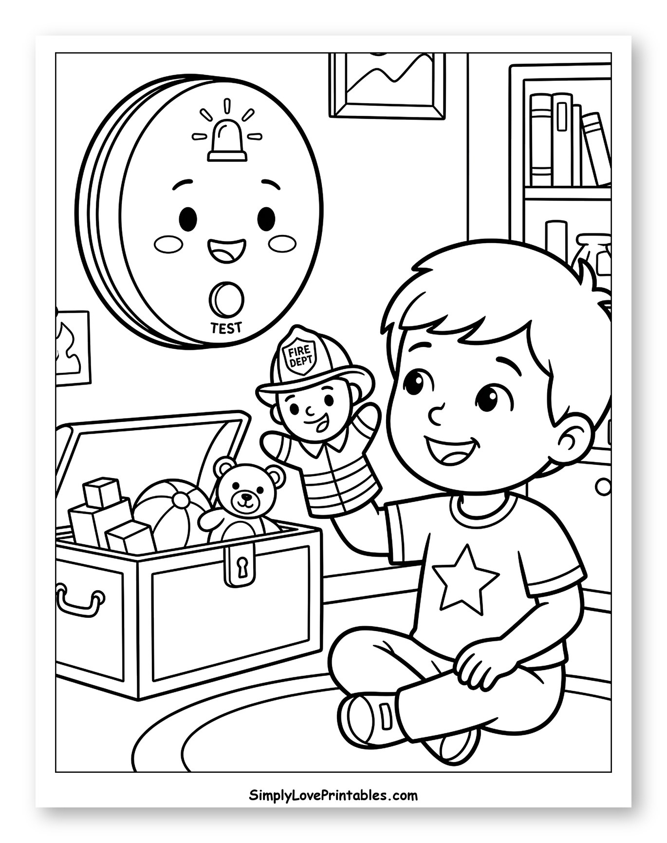 Boy Playing with Firefighter Puppet and Smoke Detector