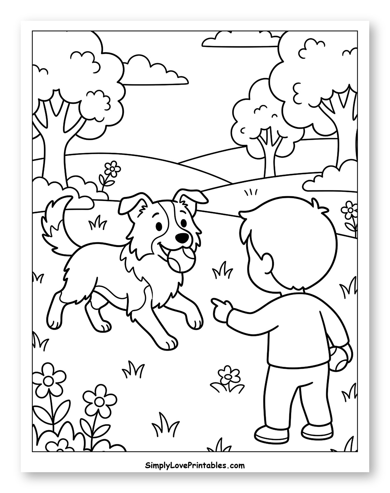Boy Playing with Happy Border Collie Dog Coloring Sheet for Kids
