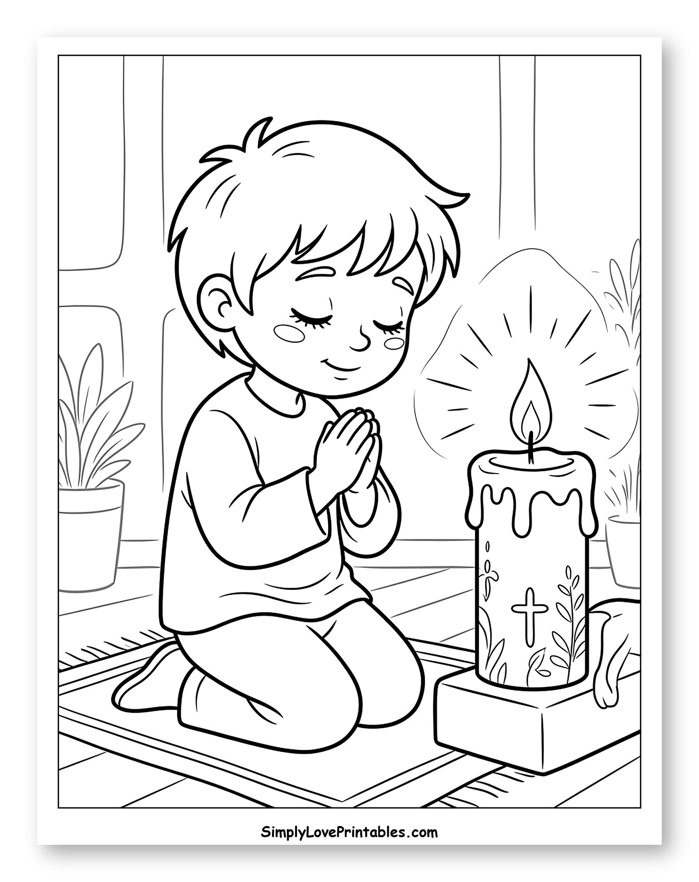Boy Praying Beside a Decorated Candle Coloring Page for Kids