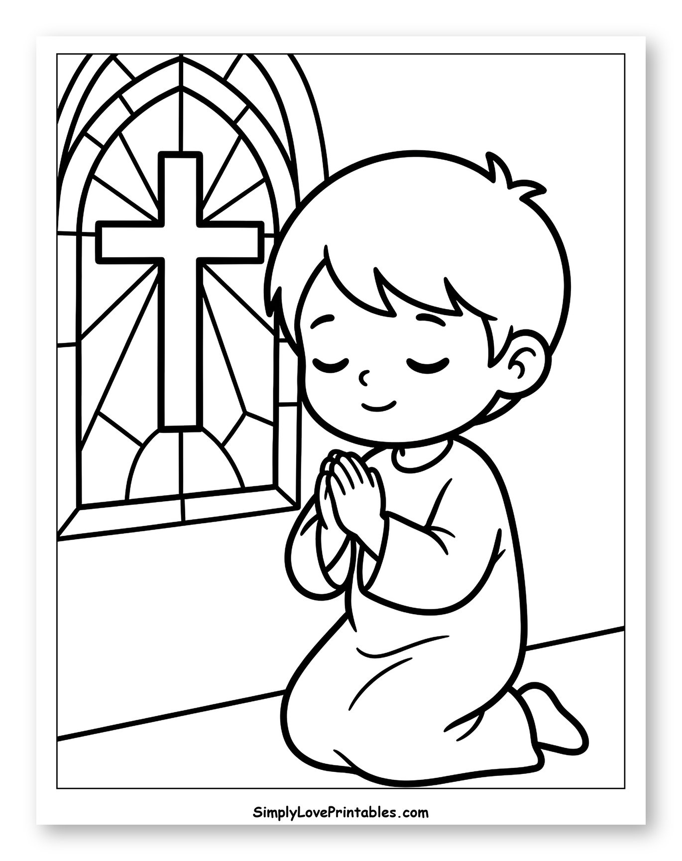 Boy Praying by Stained Glass Window