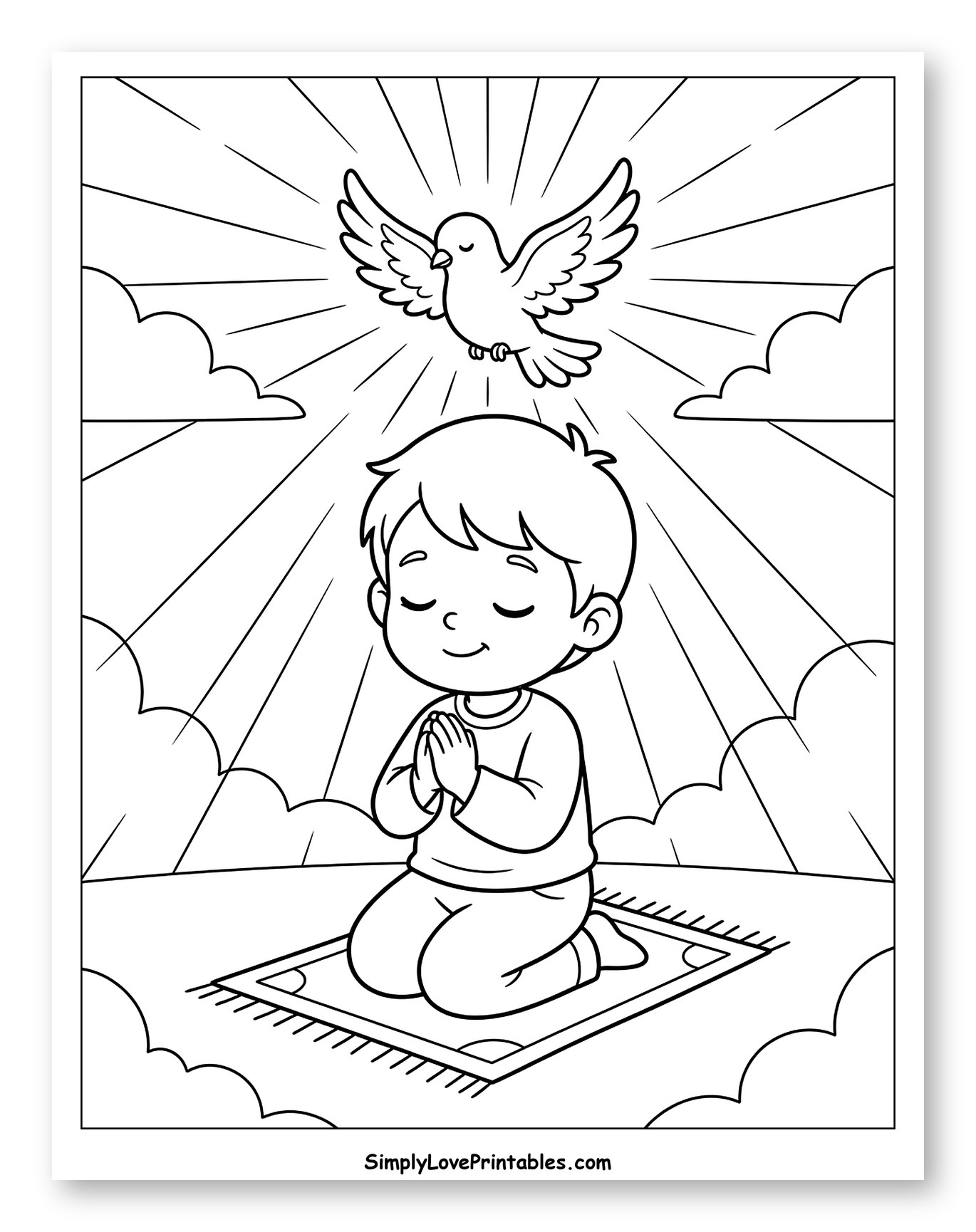 Boy Praying Under Holy Spirit Dove Coloring Sheet for Kids