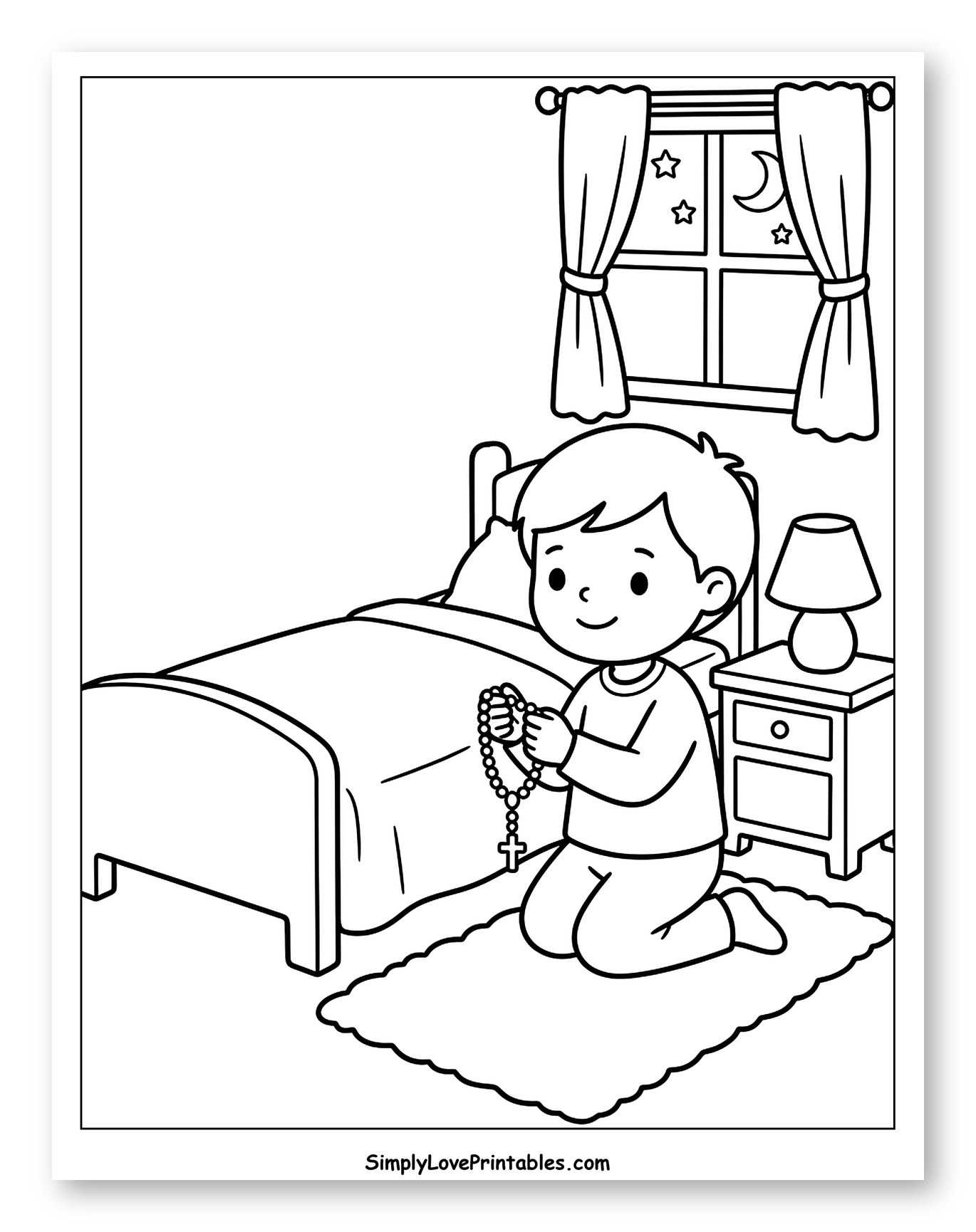 Boy Praying with Rosary Beside Bed Coloring Page for Kids