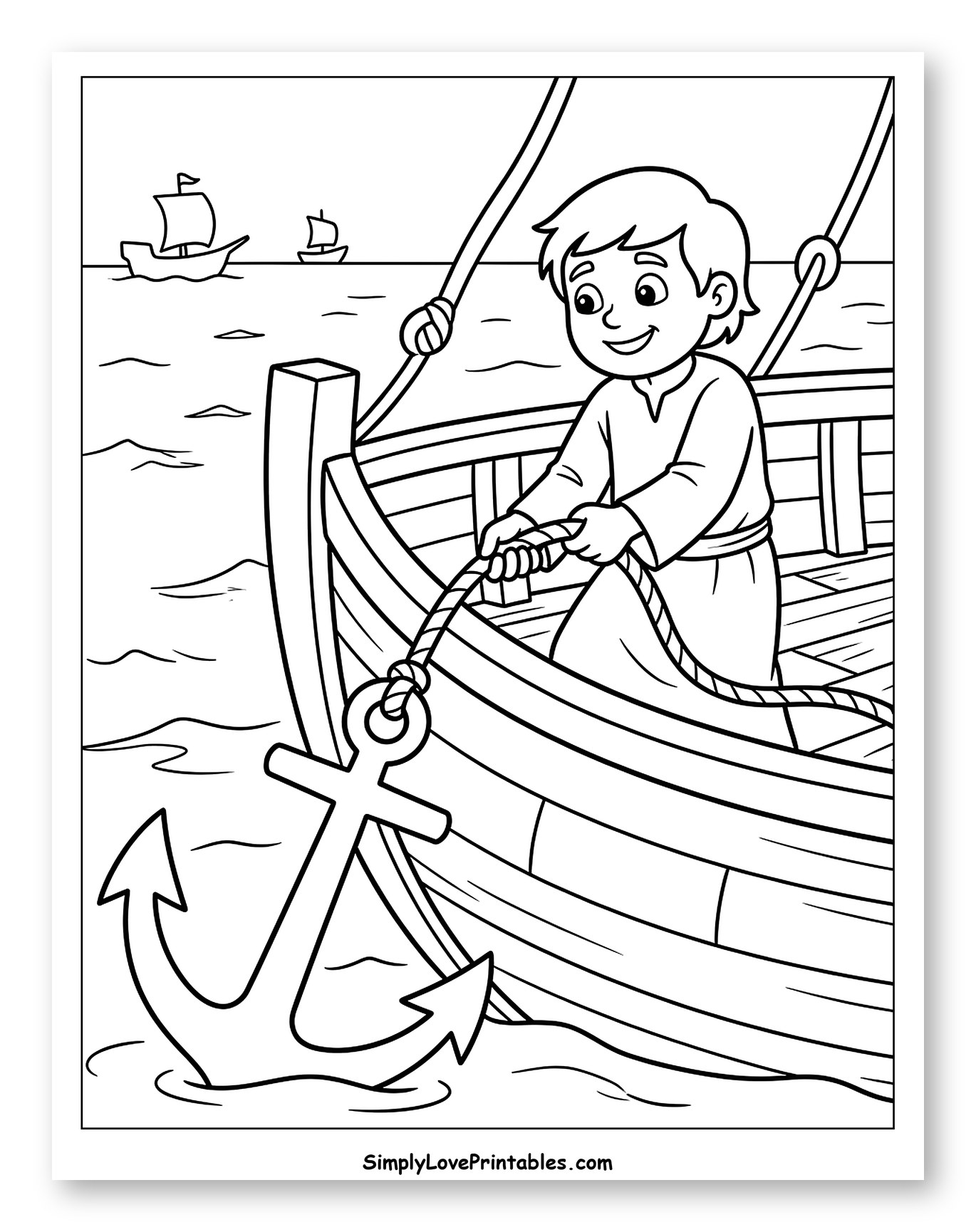 Boy Pulling Anchor from His Boat Coloring Sheet for Kids