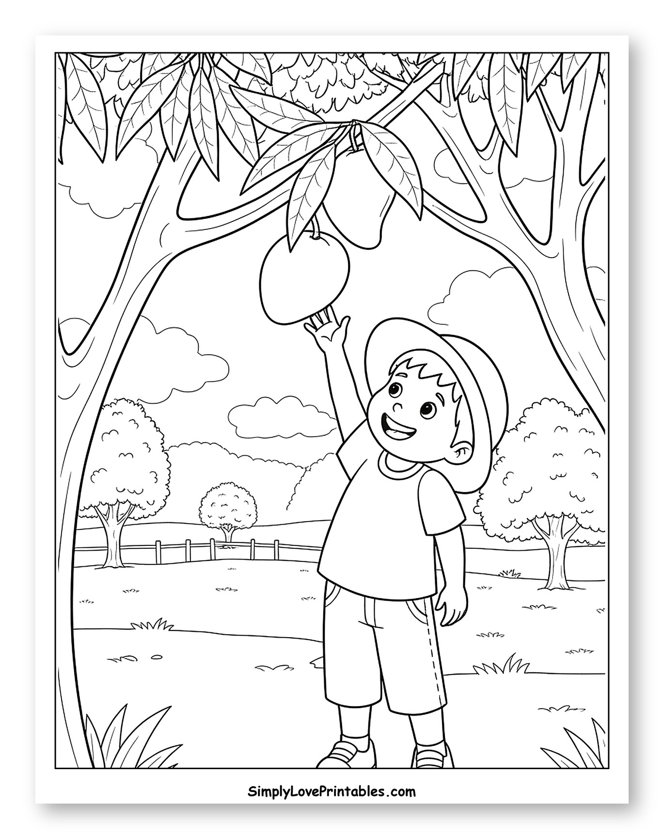 Boy Reaching for Mangoes on a Tree Coloring Sheet for Kids