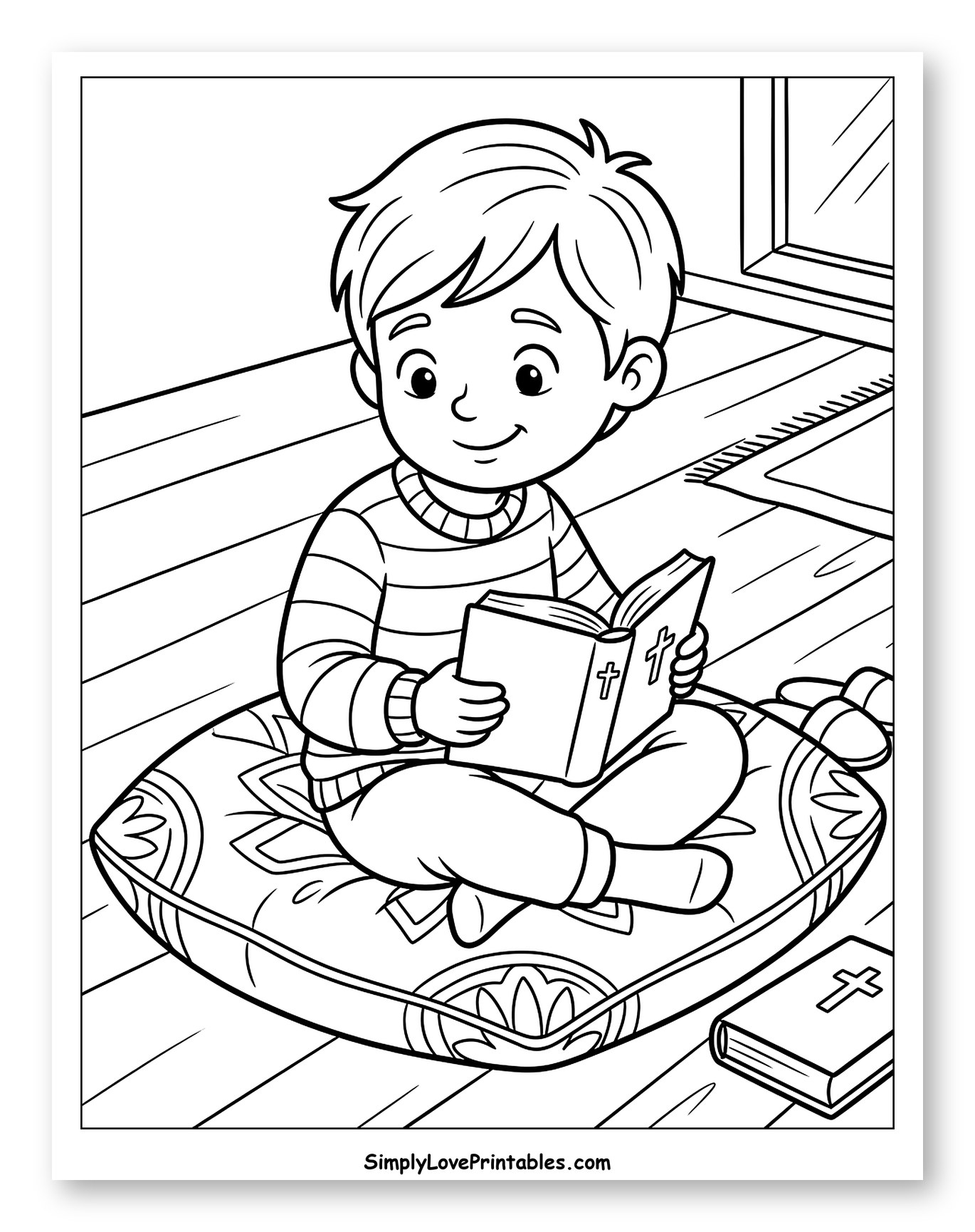 Boy Reading Bible on Cushion to Color for Kids