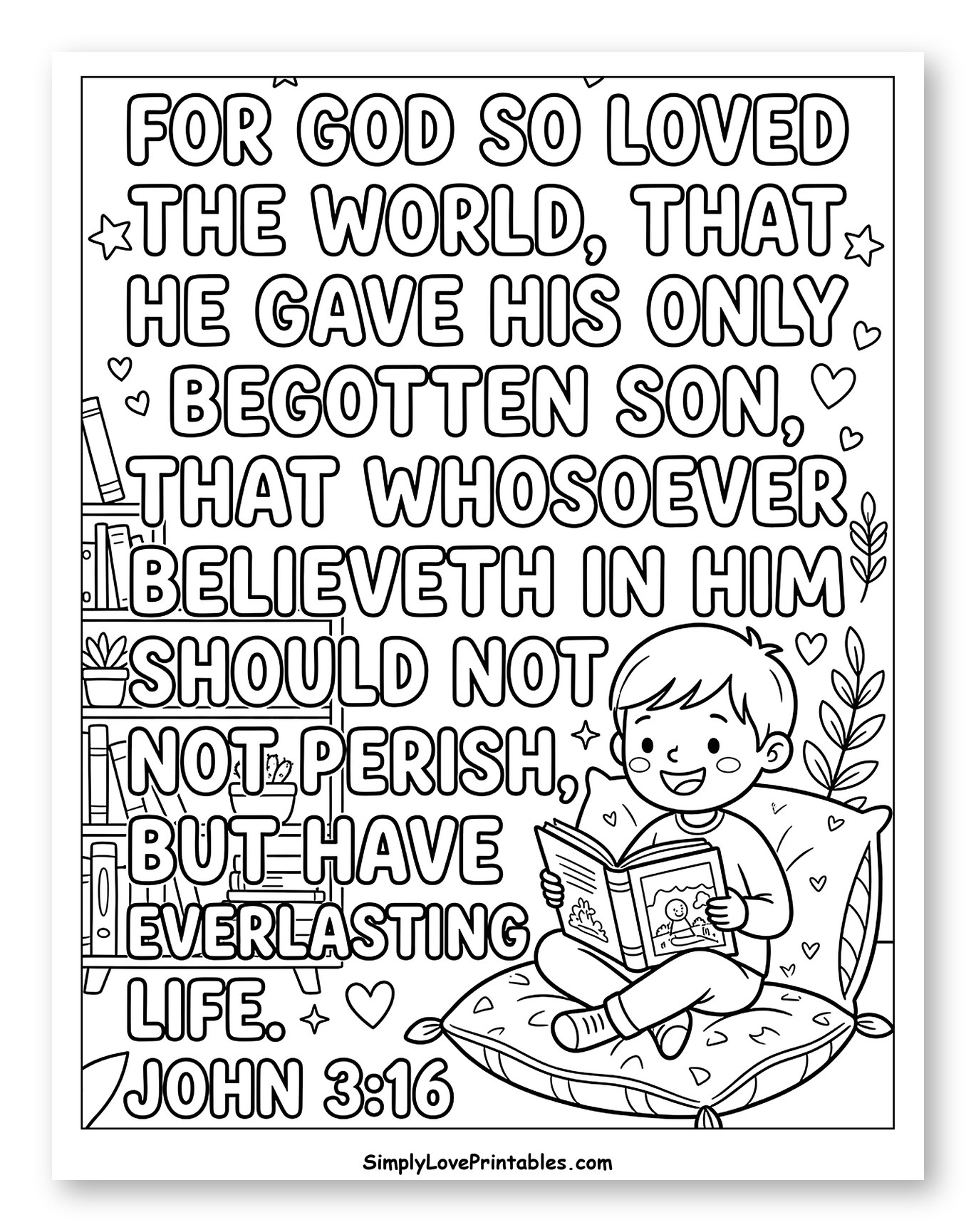 Boy Reading Bible Verse John 3:16 to Color for Kids