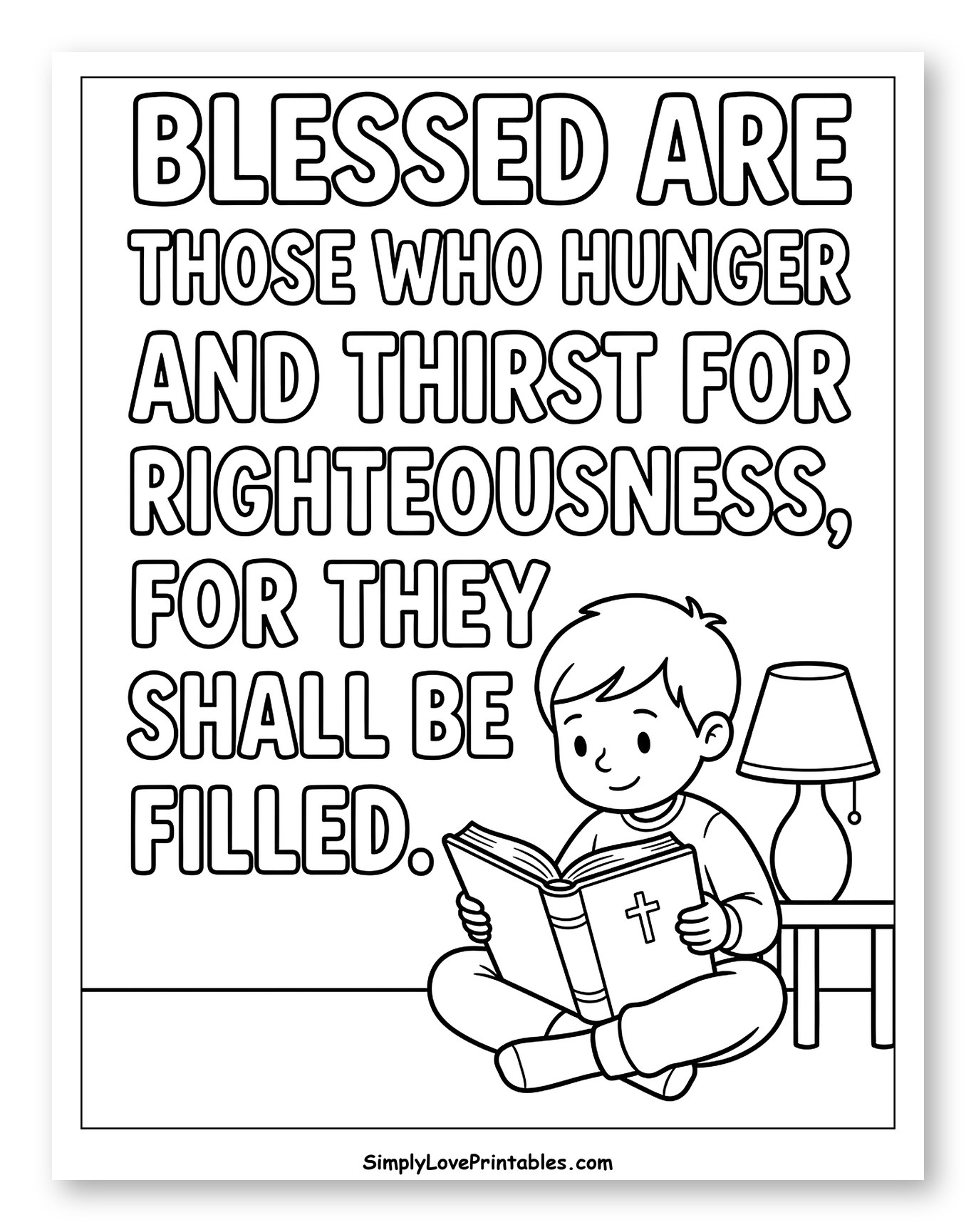 Boy Reading Bible with Beatitudes Quote Coloring Sheet for Kids