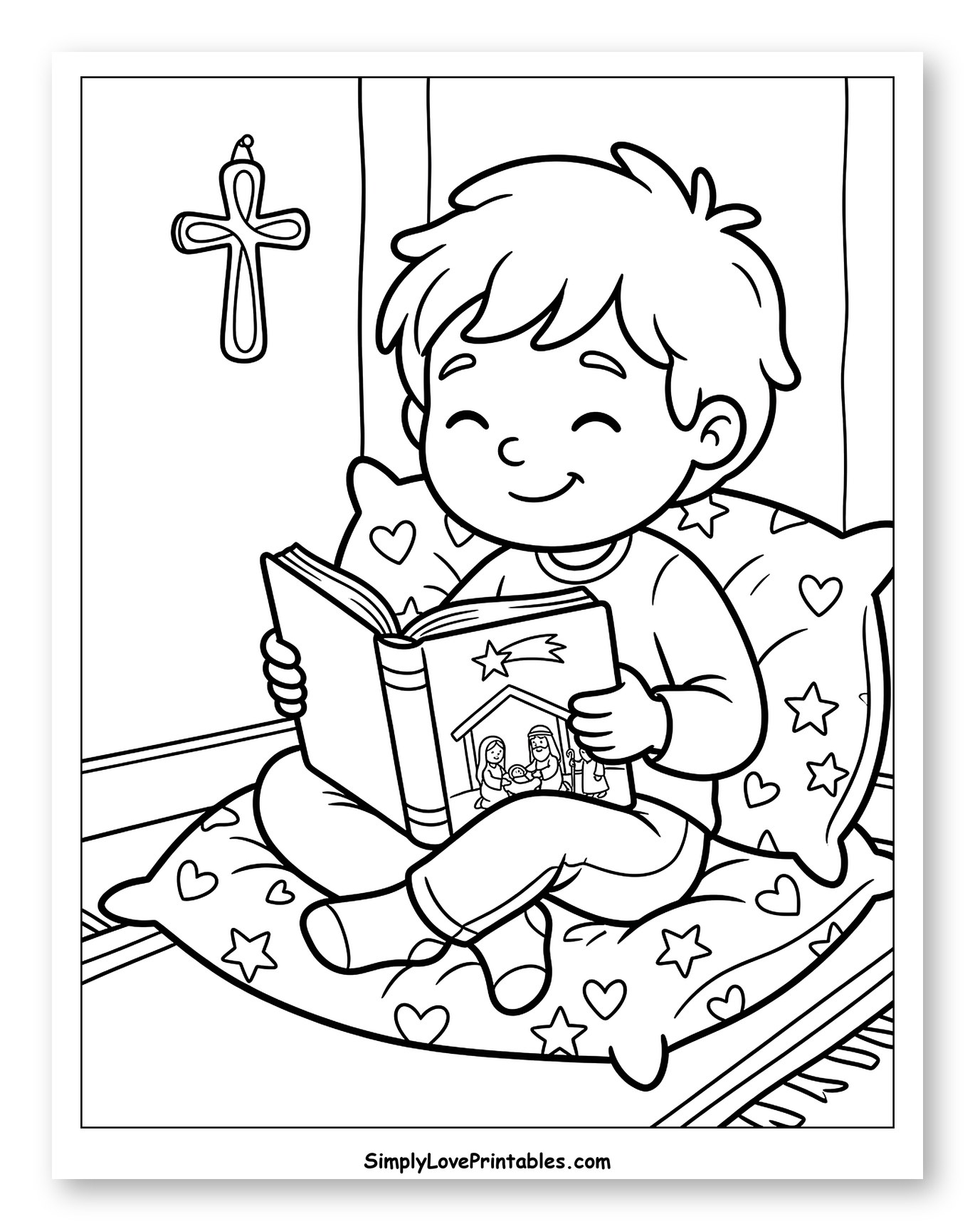 Boy Reading Nativity Storybook with Cross to Color for Kids