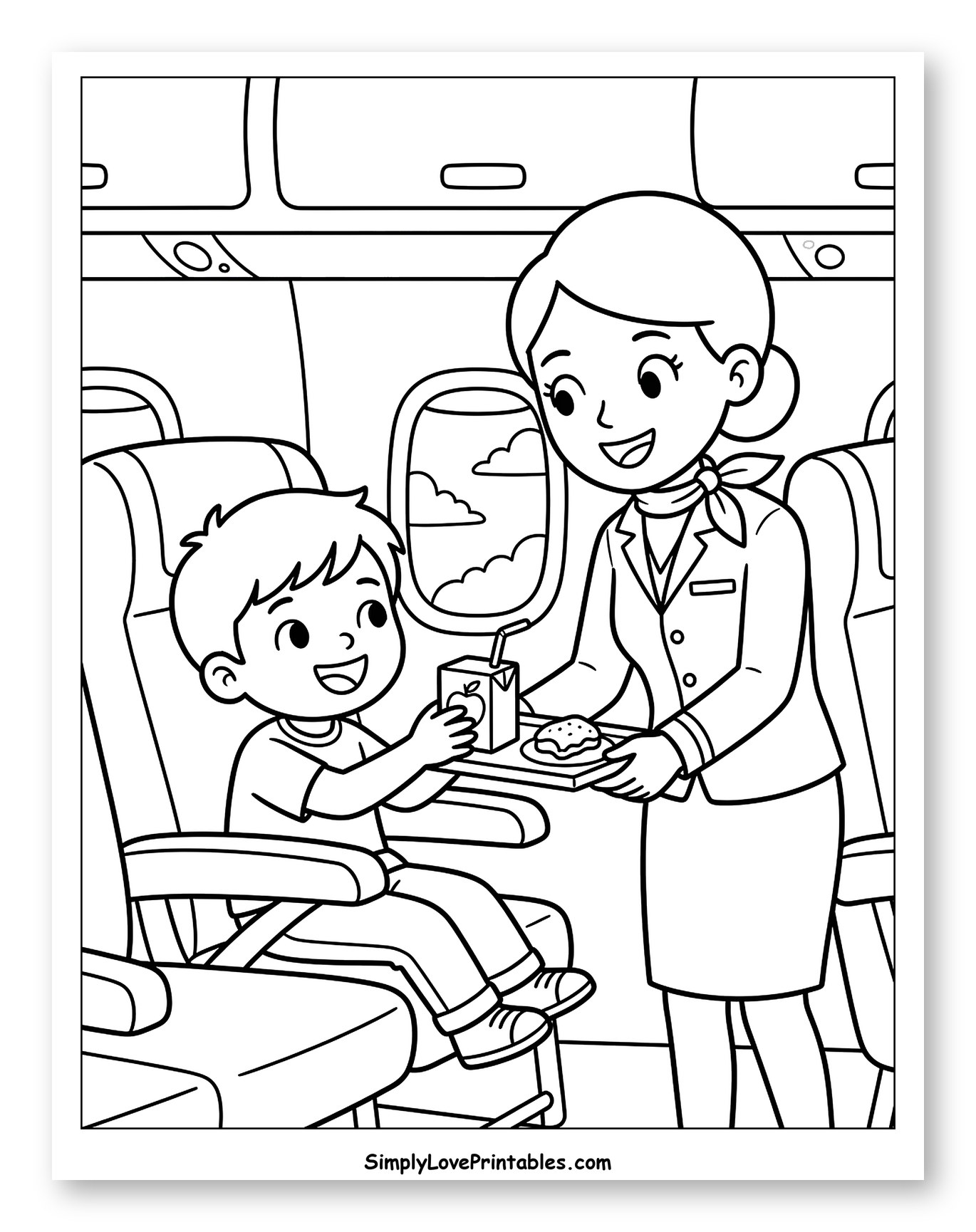 Boy Receiving Snack from Flight Attendant Coloring Page for Kids