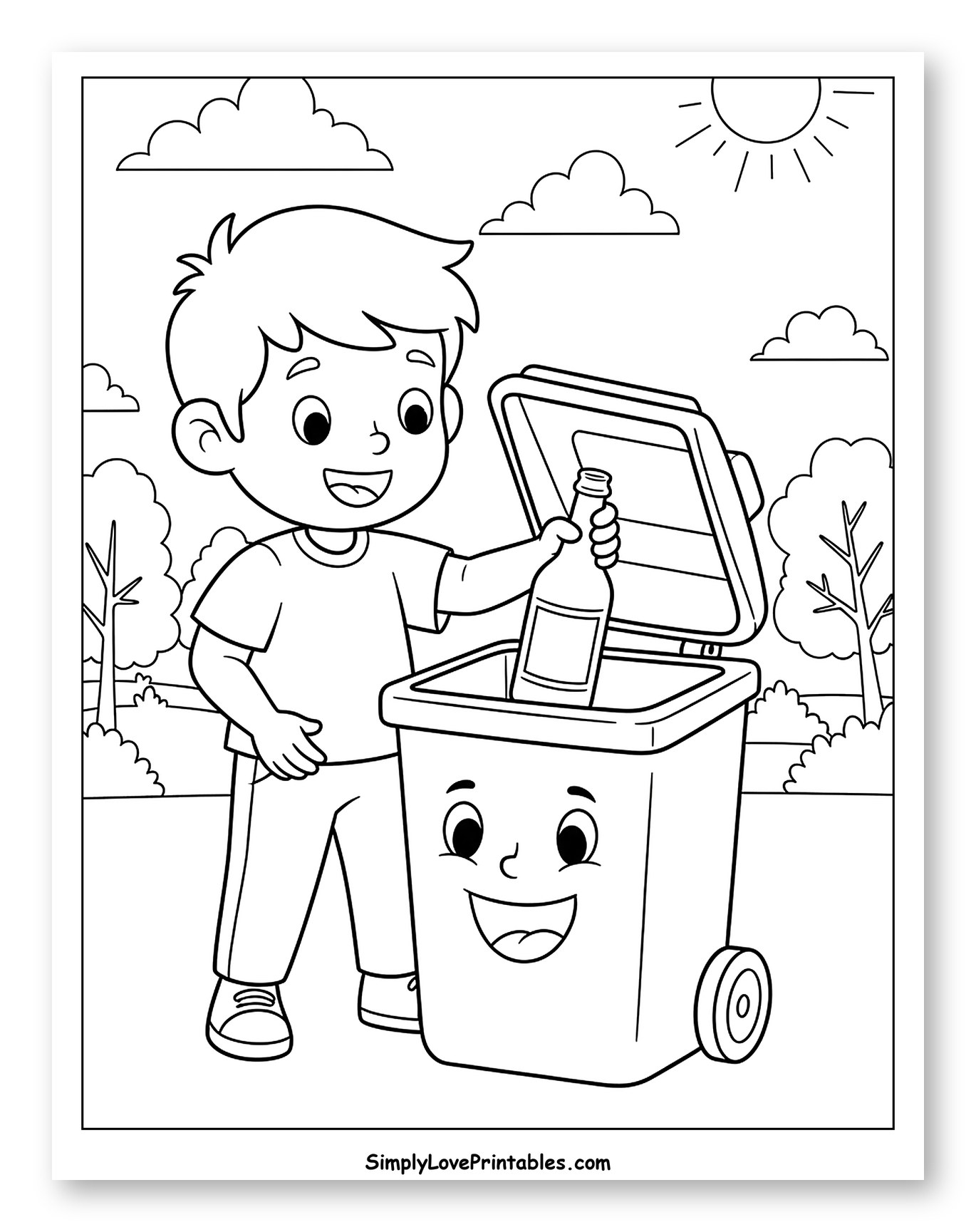 Boy Recycling a Bottle into a Happy Bin