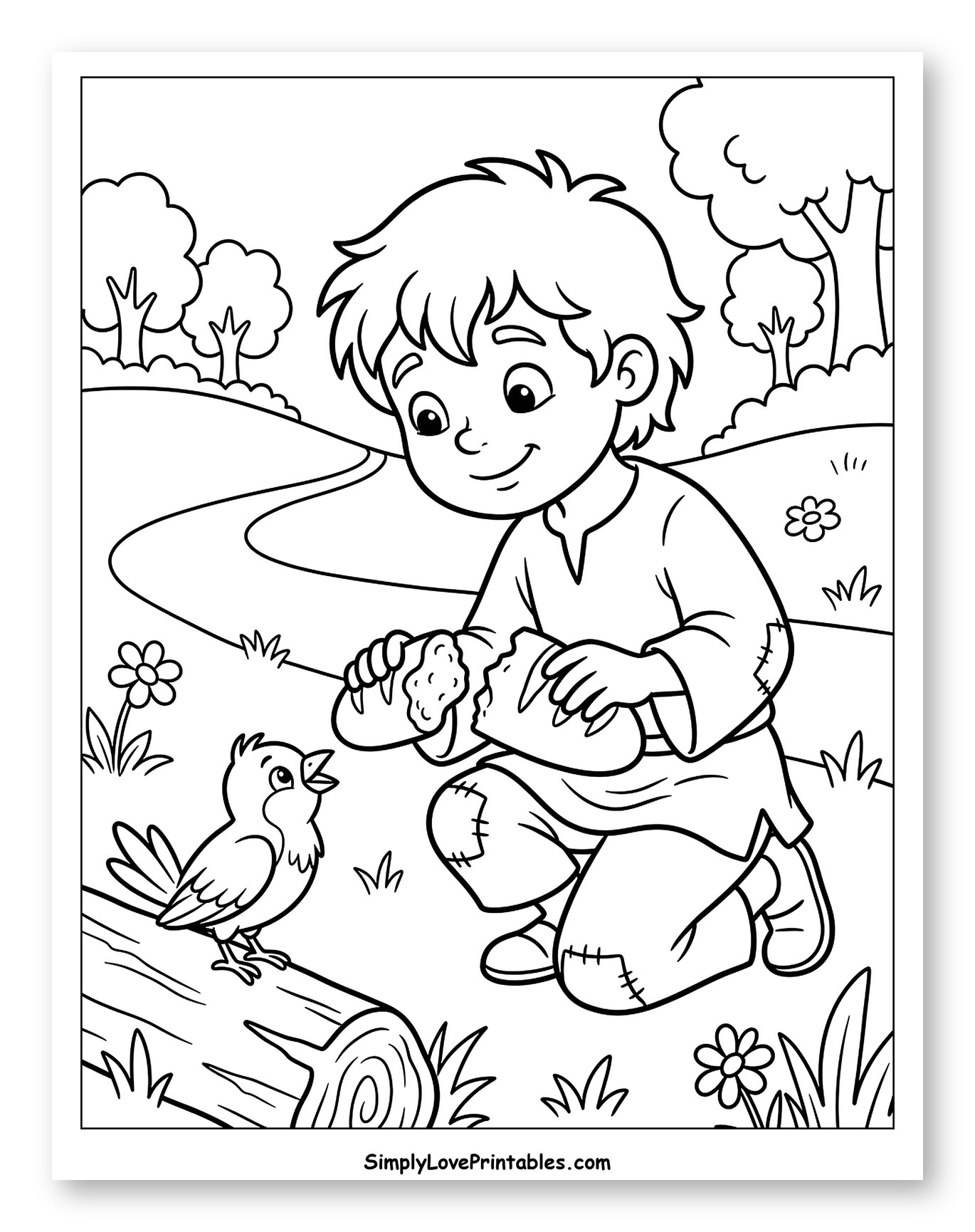 Boy Sharing Bread with a Bird