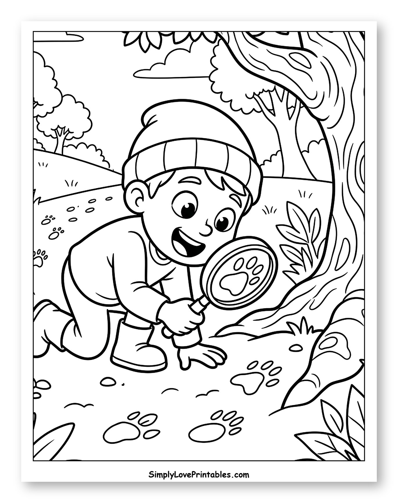 Boy Using Magnifying Glass to Find Paw Prints