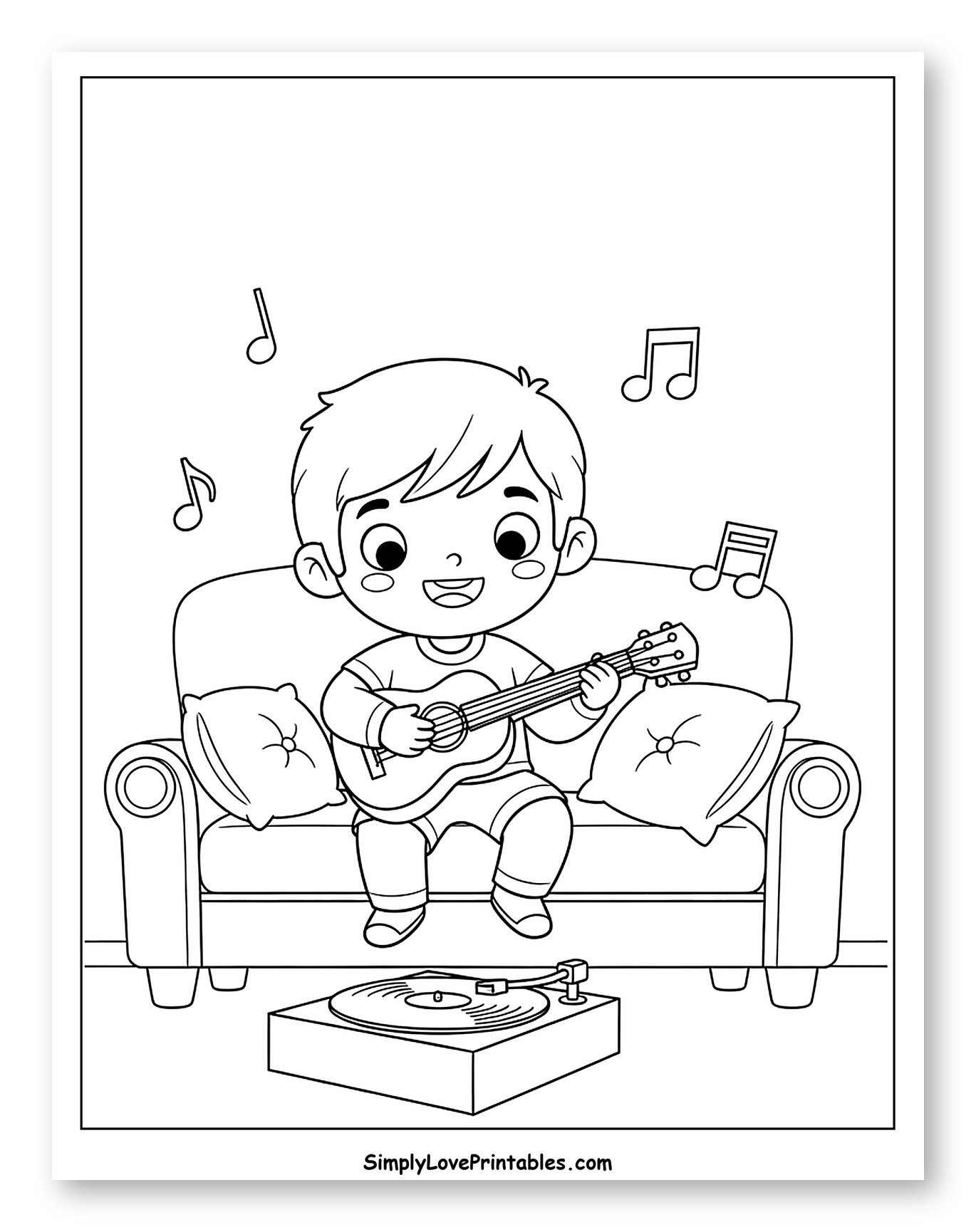 Boy with Guitar on Sofa and Record Player