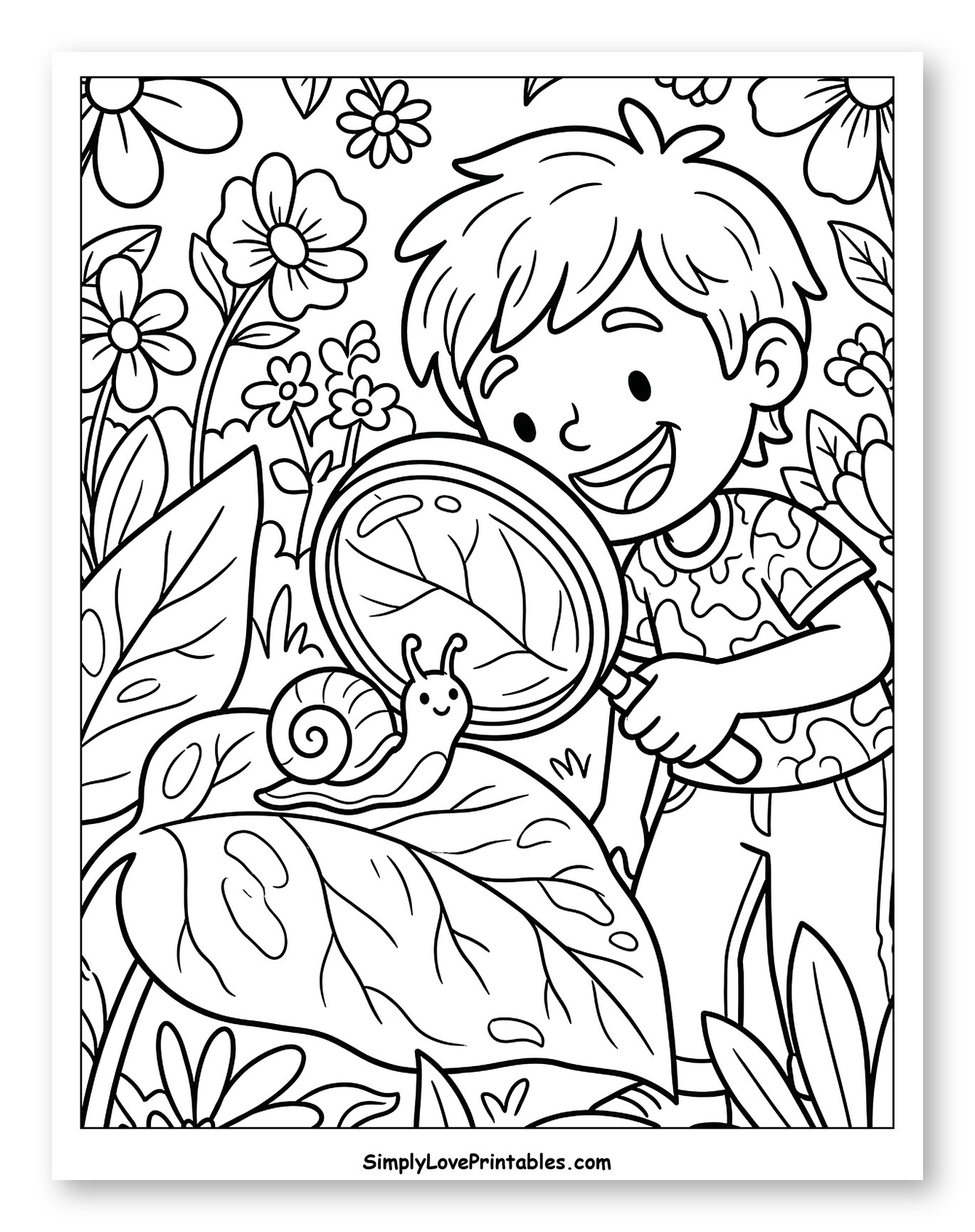 Boy with Magnifying Glass Examining a Snail Coloring Page for Kids
