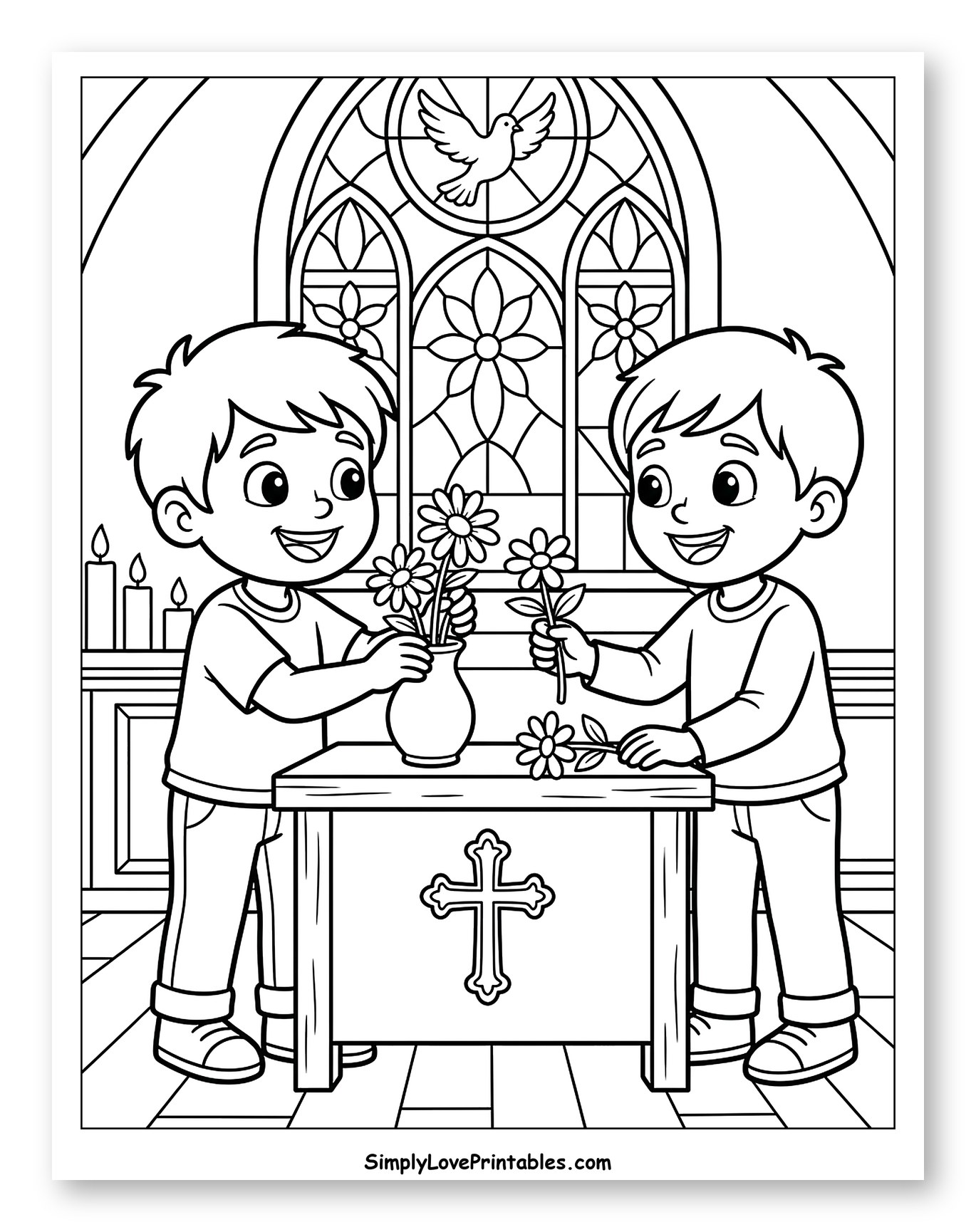 Boys Decorating Church Altar with Flowers to Color for Kids