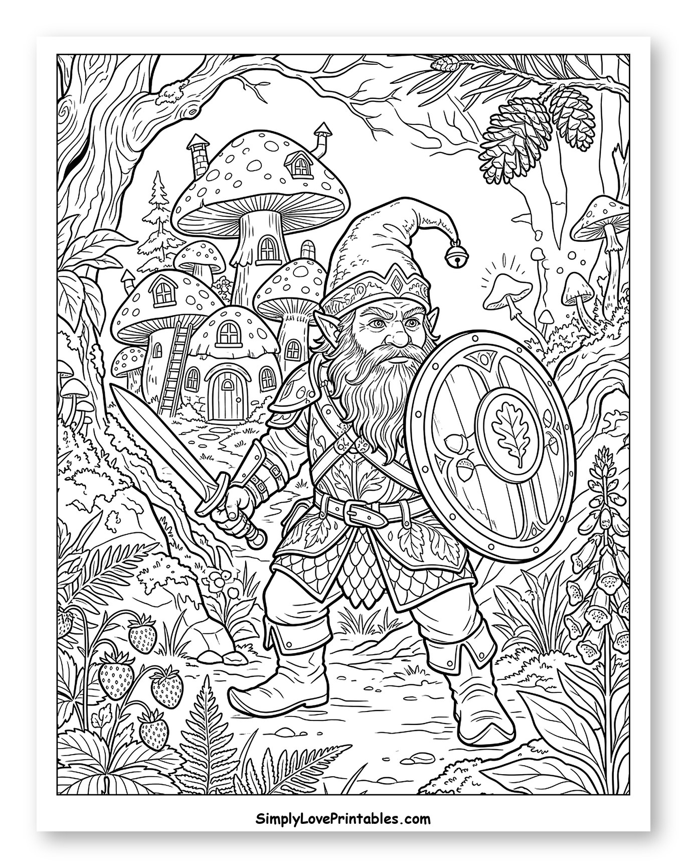 Brave Gnome Protecting Mushroom Village to Color