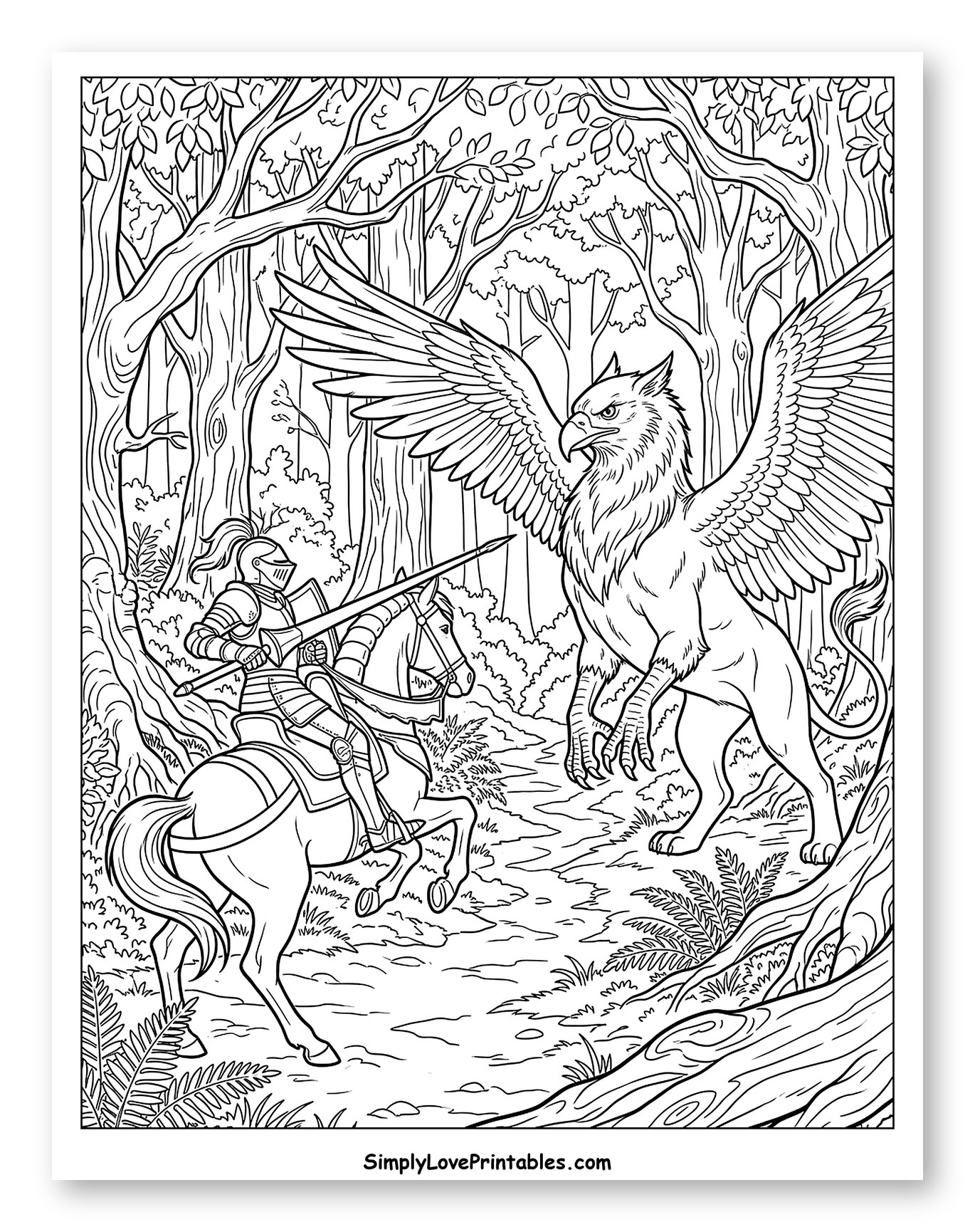 Brave Knight Facing a Griffin in the Woods to Color