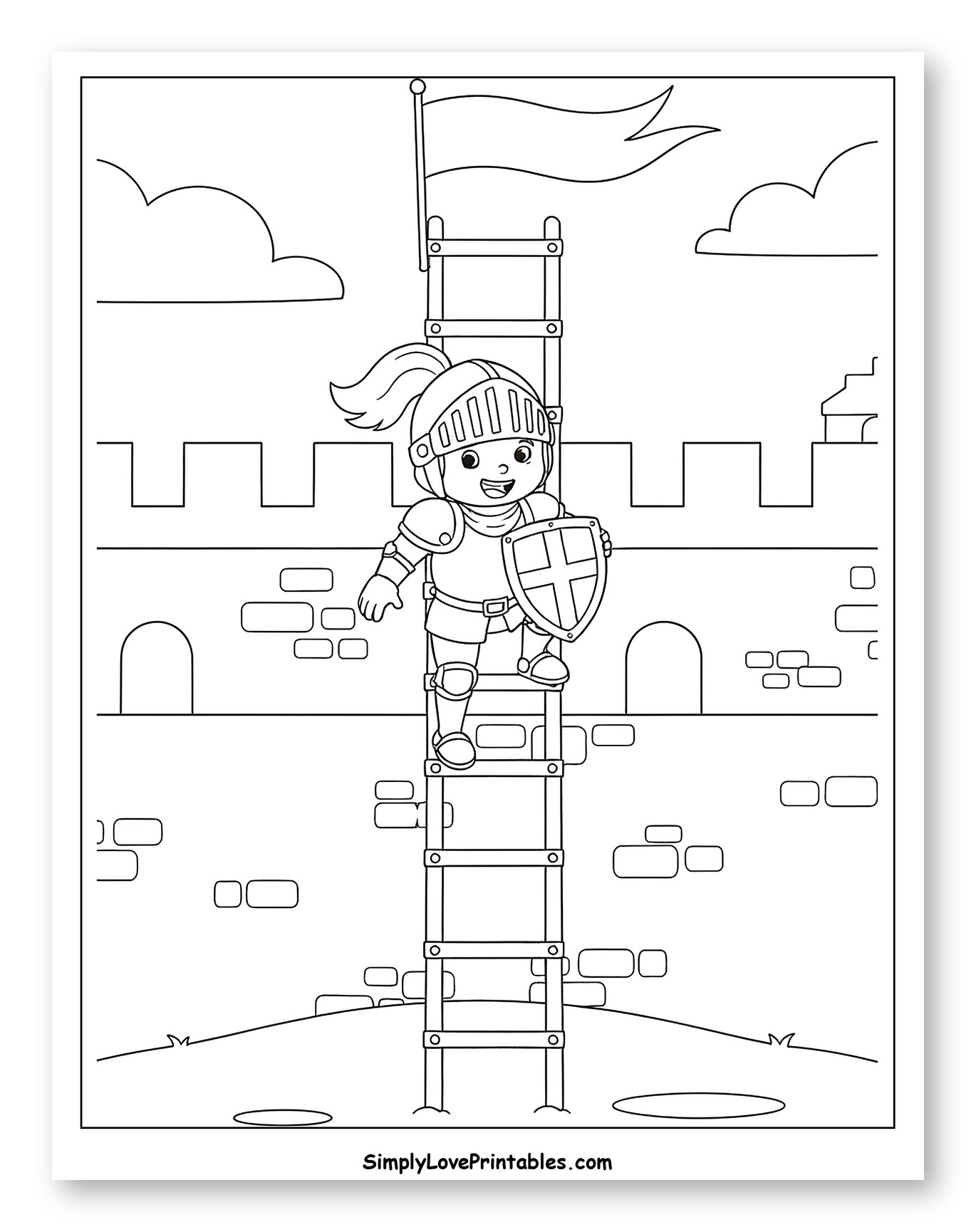 Brave Knight on a Castle Ladder Coloring Page for Kids