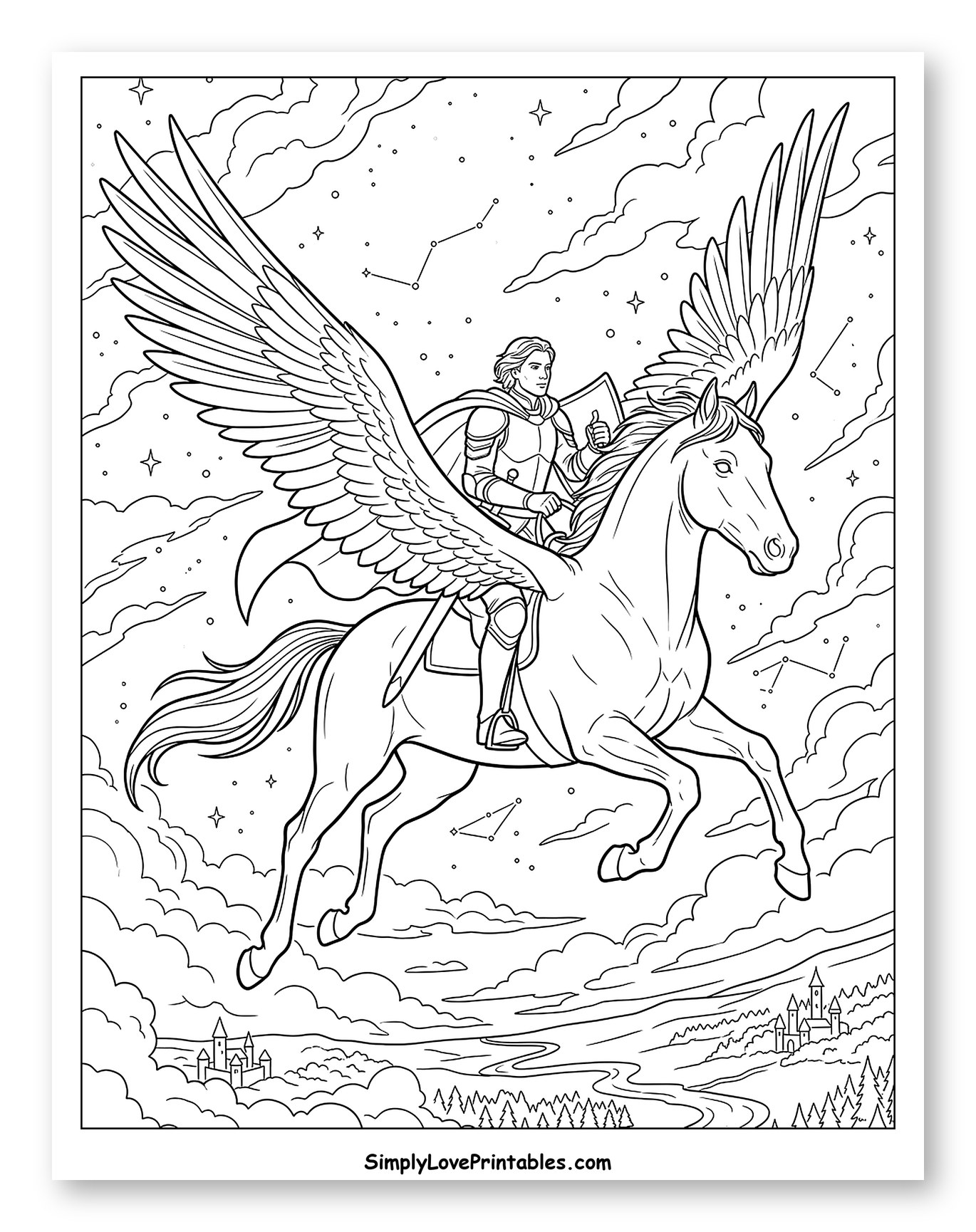 Brave Knight on Pegasus Soaring Through Clouds Coloring Sheet