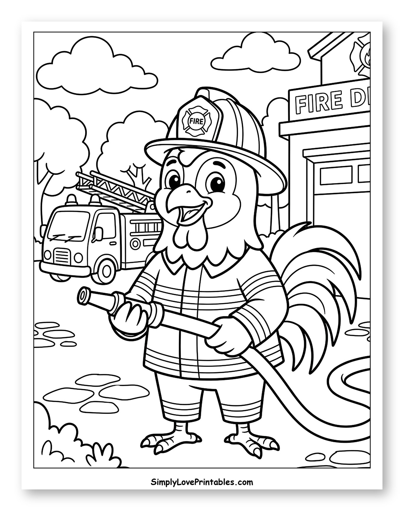 Brave Rooster Firefighter with Fire Truck Coloring Page for Kids