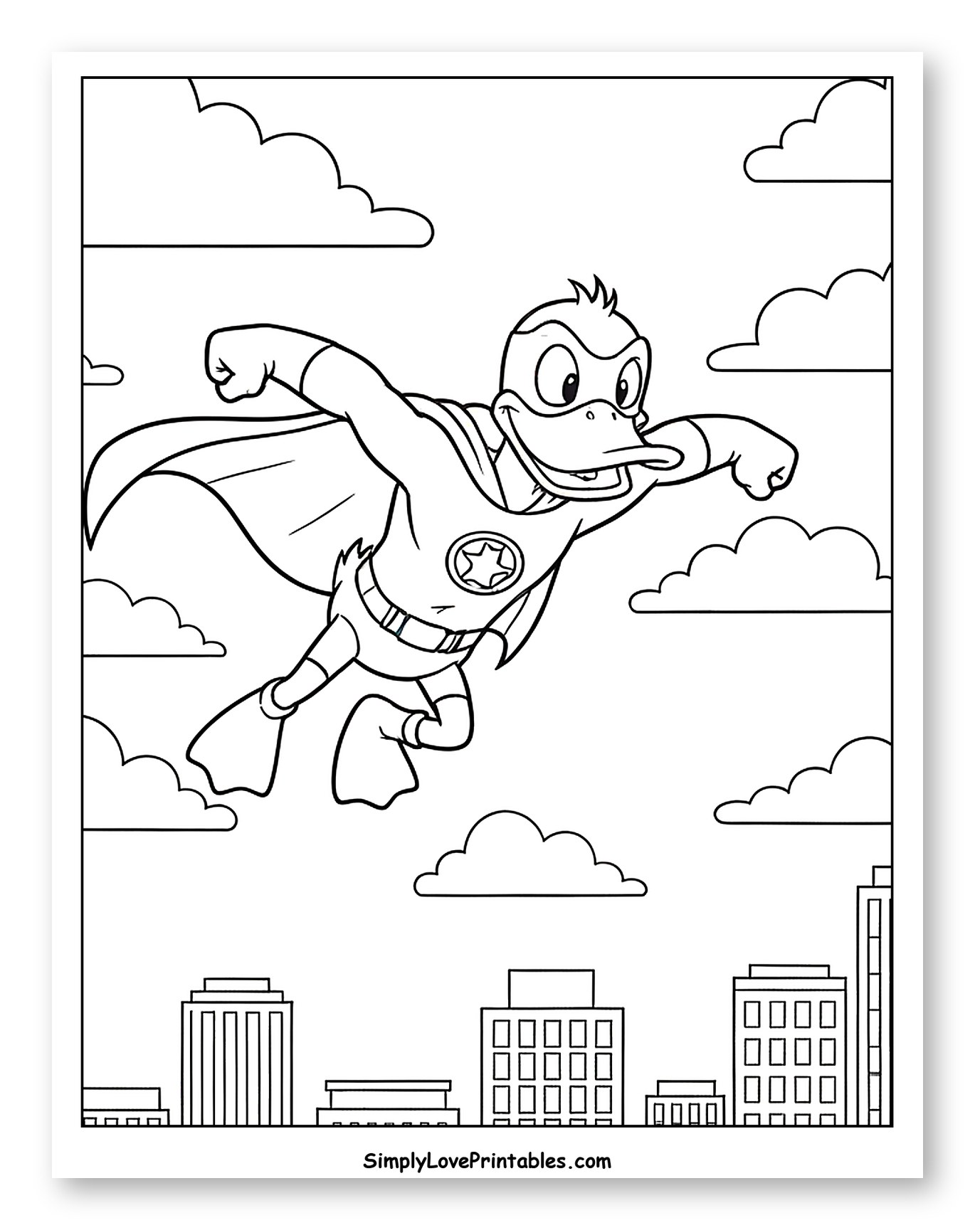 Brave Superhero Duck Flying Over City Coloring Page for Kids