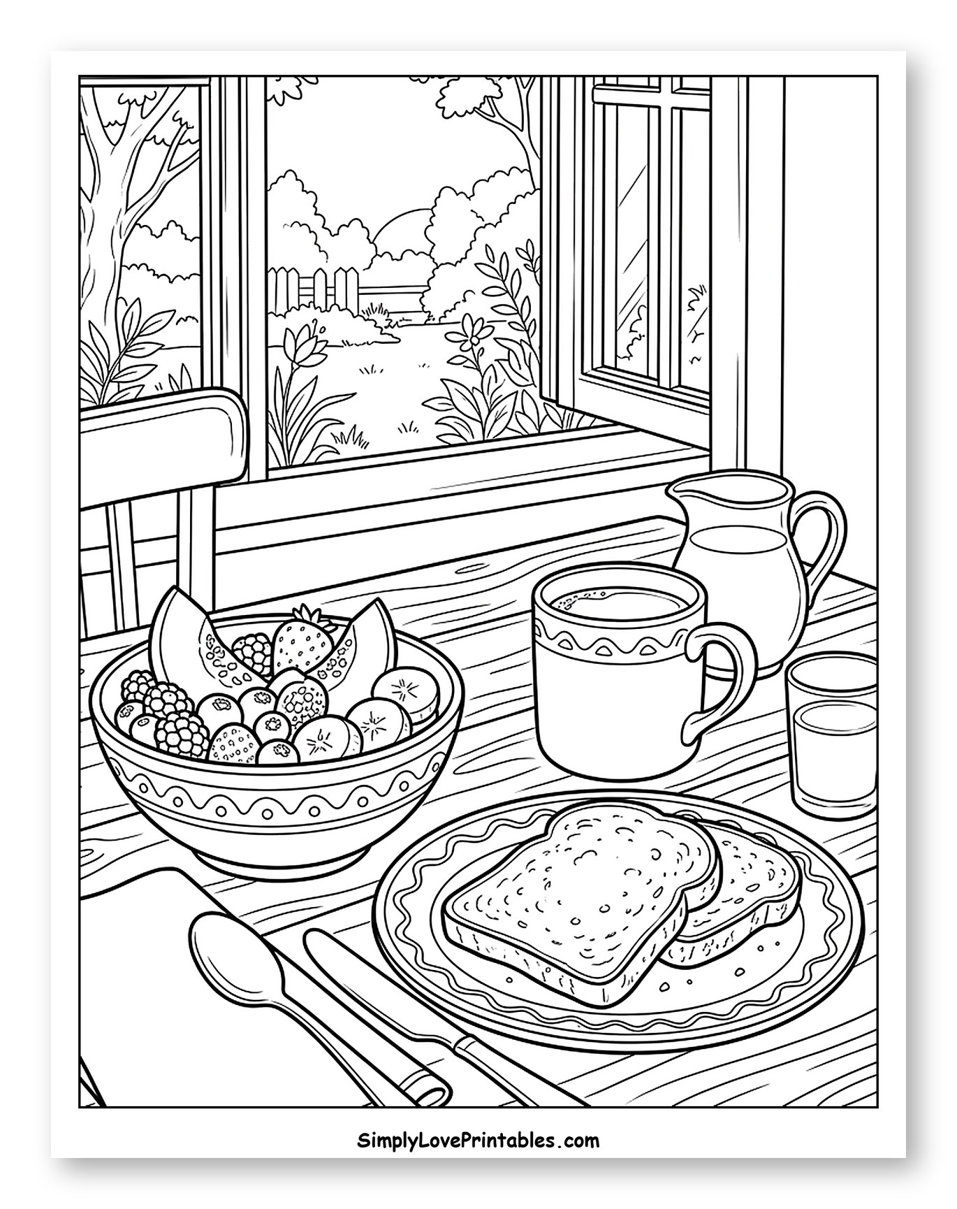 Breakfast by the Window Overlooking a Garden Coloring Sheet