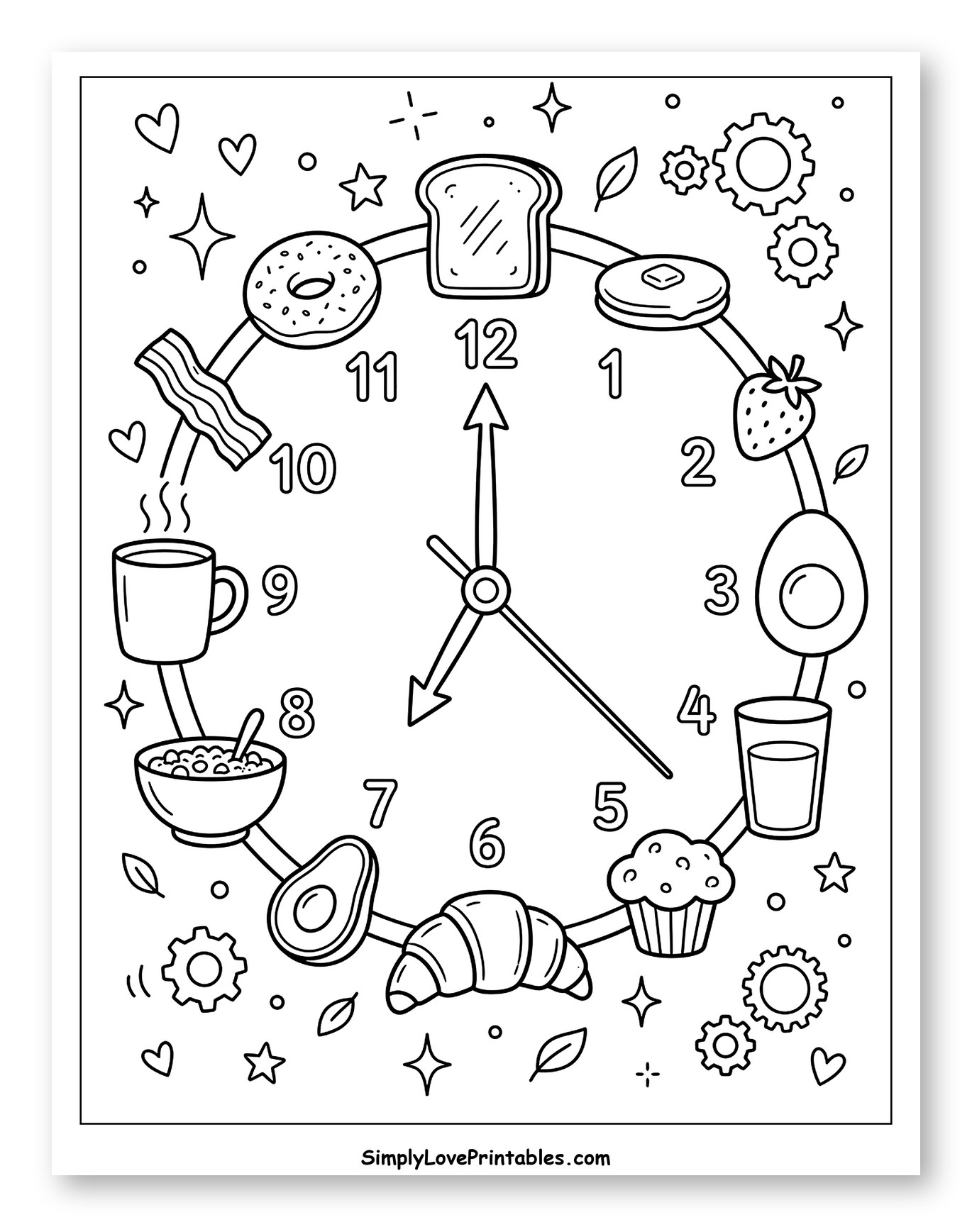Breakfast Items Clock Coloring Page for Adults
