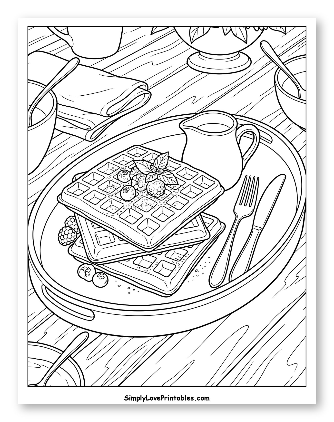 Breakfast Tray with Waffles and Fresh Berries Coloring Sheet
