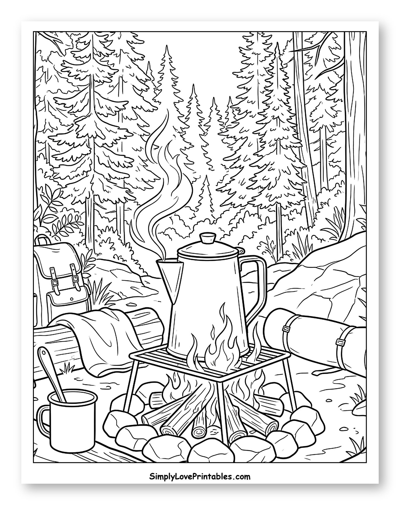 Brewing Coffee at a Forest Campsite Coloring Sheet