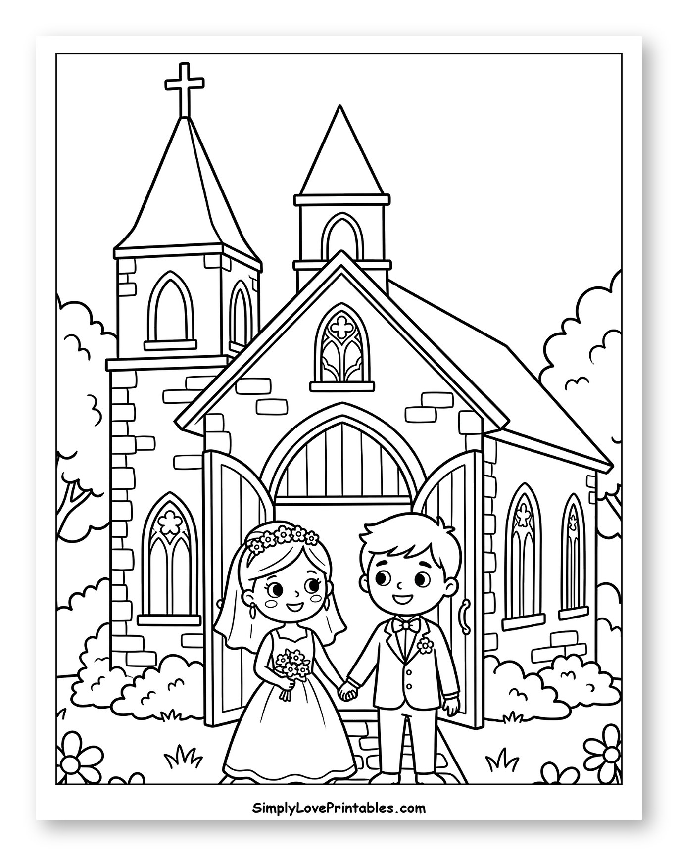 Bride and Groom in Front of Church Coloring Page for Kids