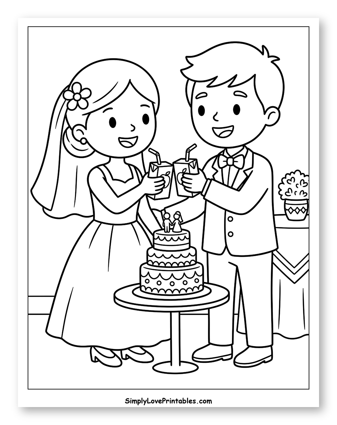 Bride and Groom Toasting Wedding Cake to Color for Kids