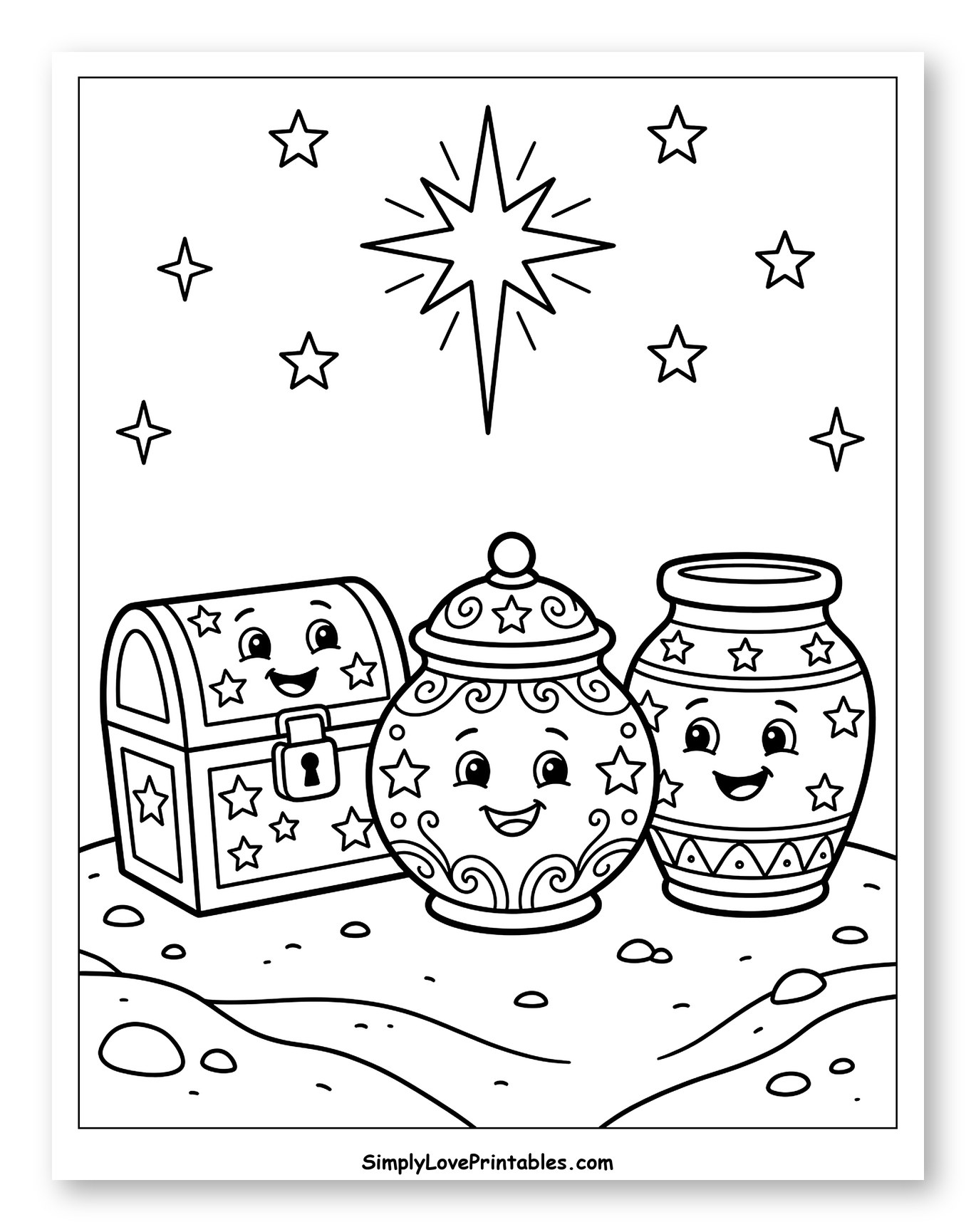 Bright Star and Smiling Magi Gifts Coloring Page for Kids