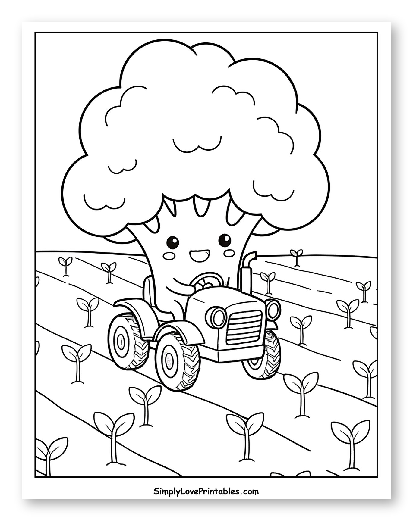 Broccoli Farmer Driving Tractor Through Sprout Field Coloring Sheet for Kids