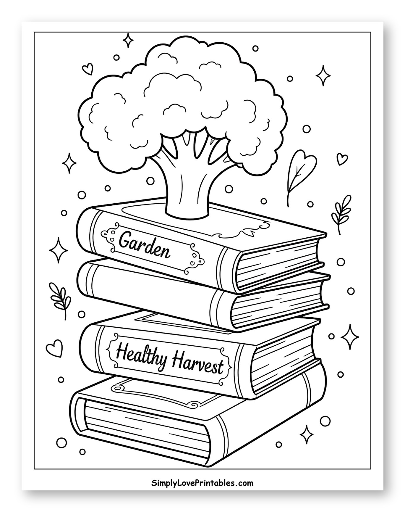 Broccoli Growing from a Stack of Garden Books to Color for Adults