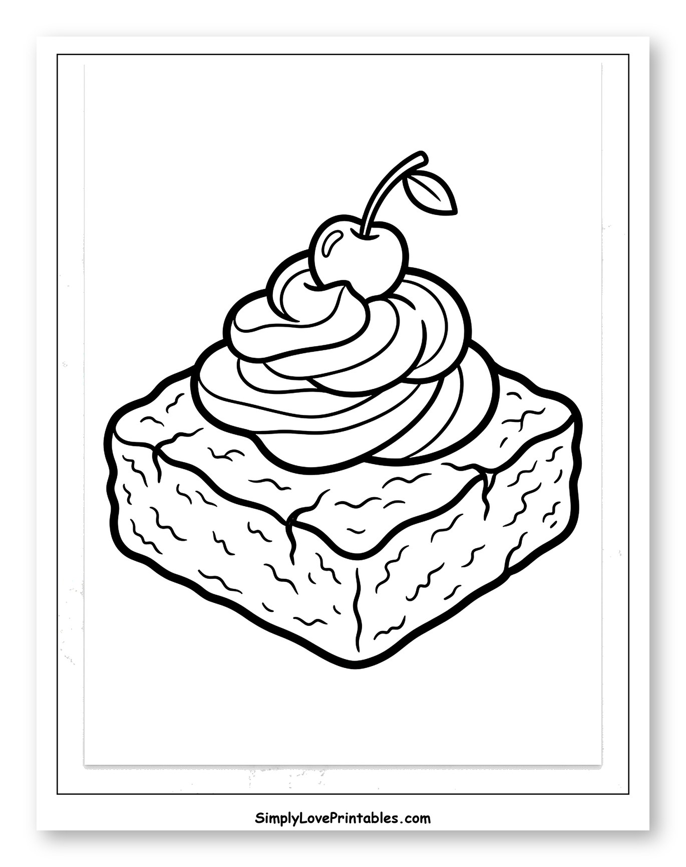Brownie with Whipped Cream and Cherry Coloring Sheet for Toddlers