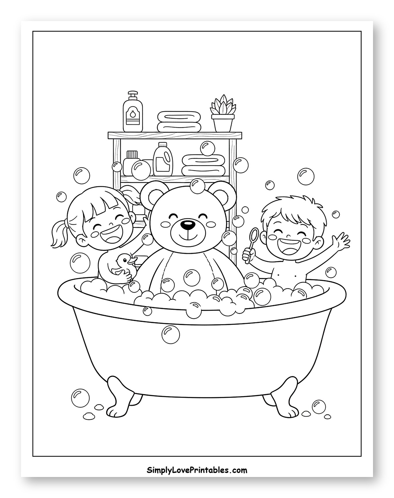 Bubble Bath Fun with Kids and Teddy Bear to Color for Kids