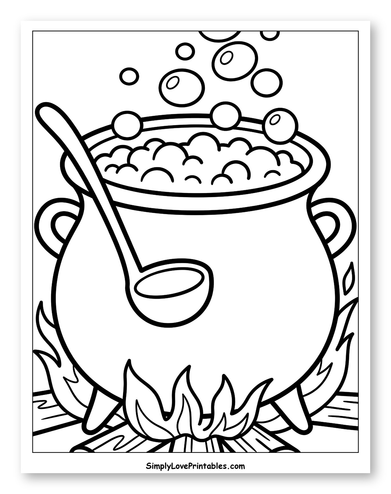 Bubbling Cauldron with Ladle and Campfire to Color for Toddlers
